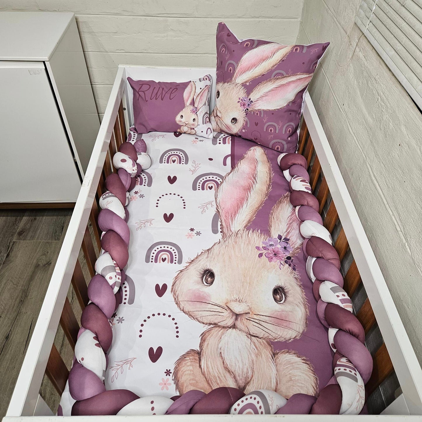 Purple Boho Rainbow Bunny cot linen