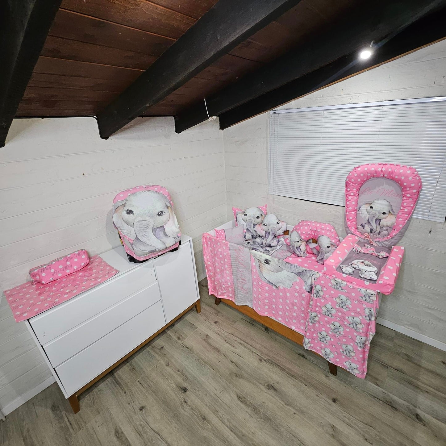 Pink Polka and Grey Ellie cot linen