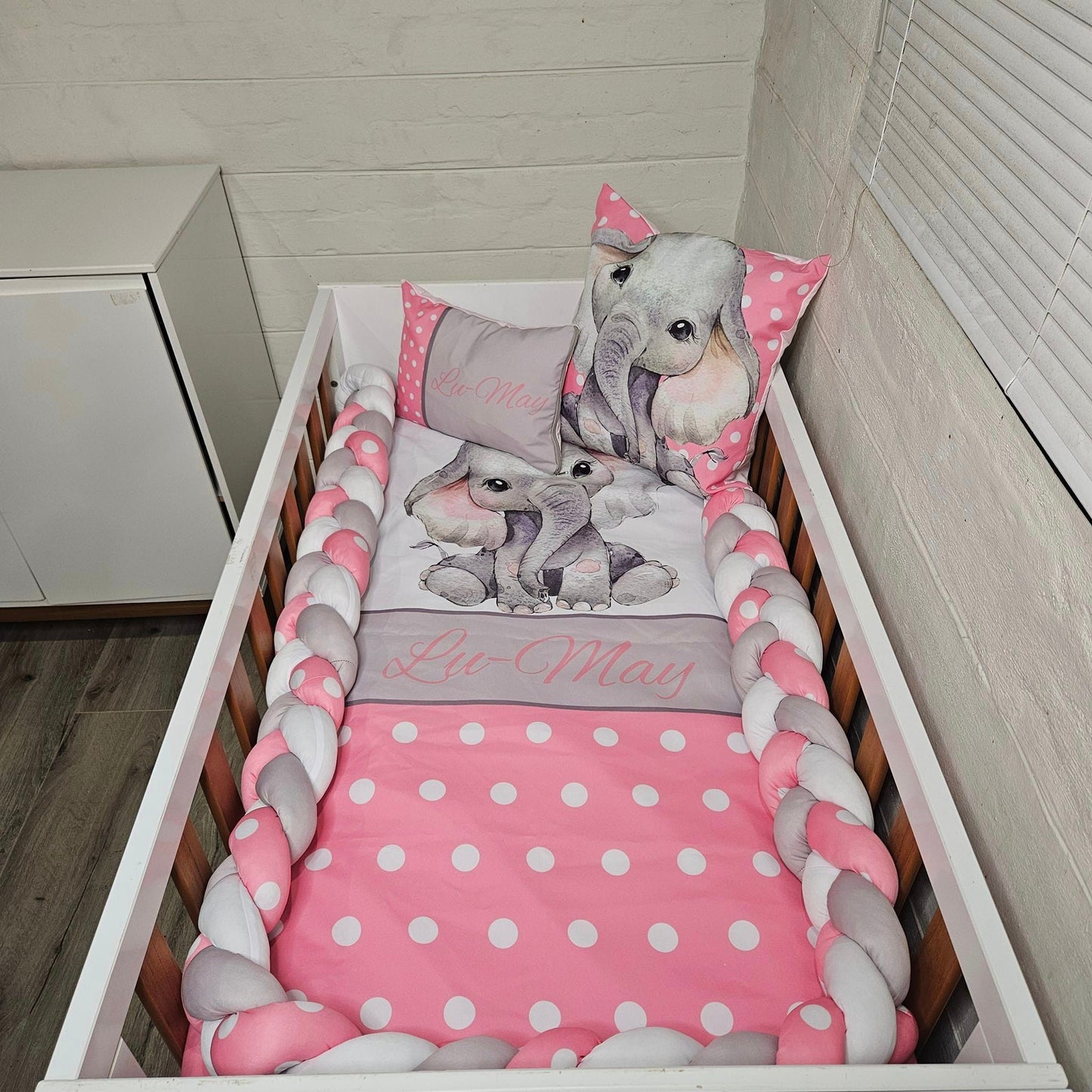 Pink Polka and Grey Ellie cot linen