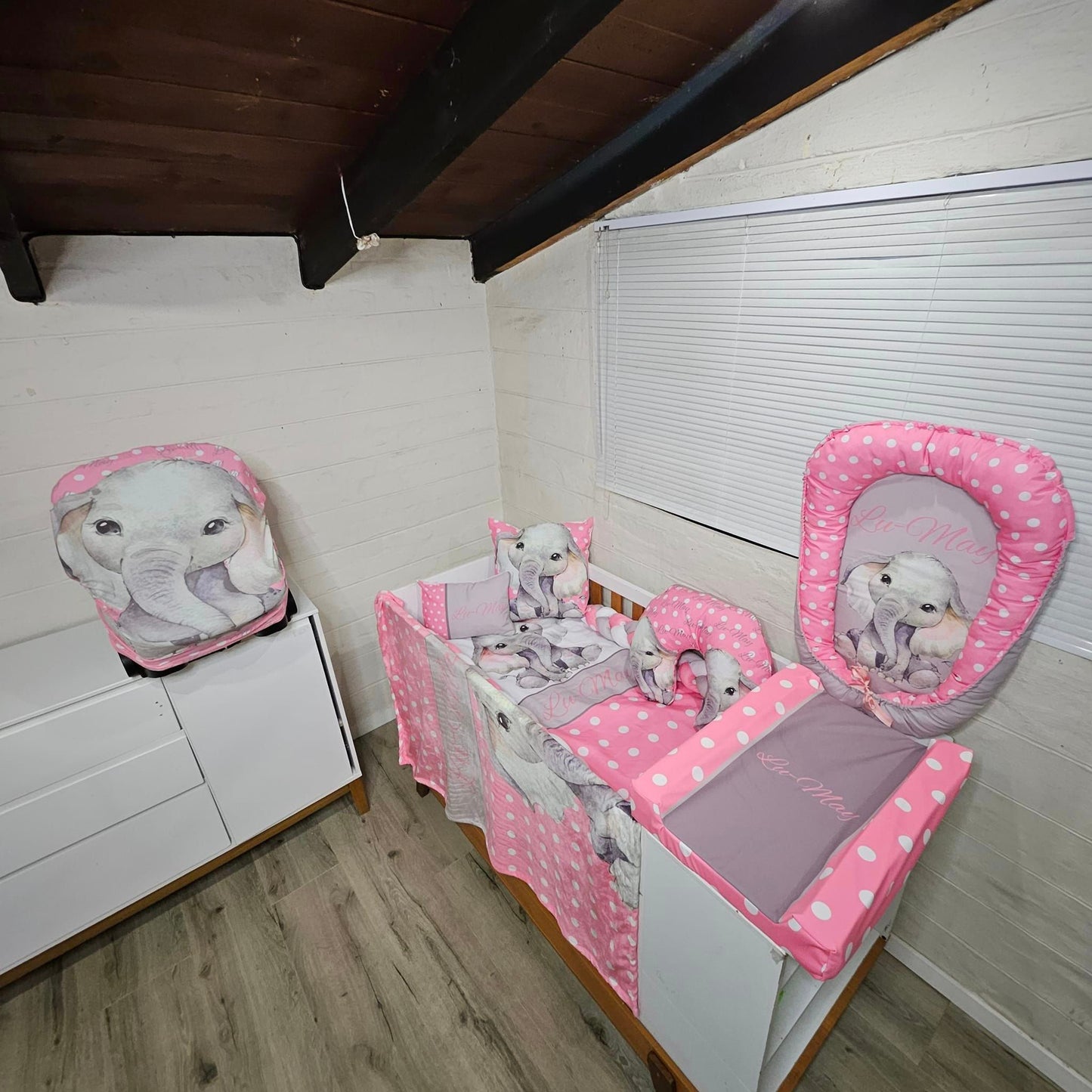 Pink Polka and Grey Ellie cot linen