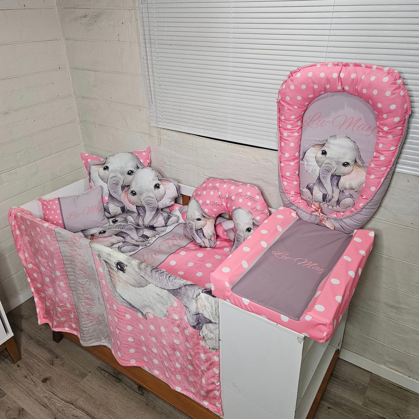 Pink Polka and Grey Ellie cot linen