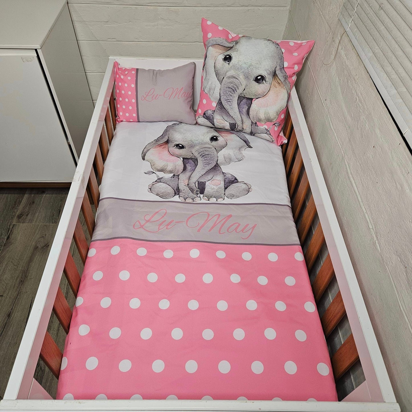 Pink Polka and Grey Ellie cot linen