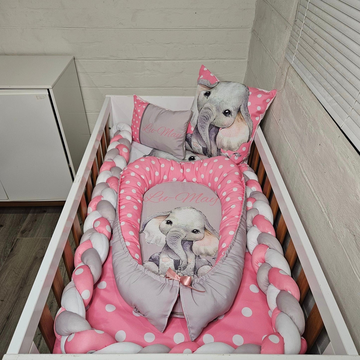 Pink Polka and Grey Ellie cot linen
