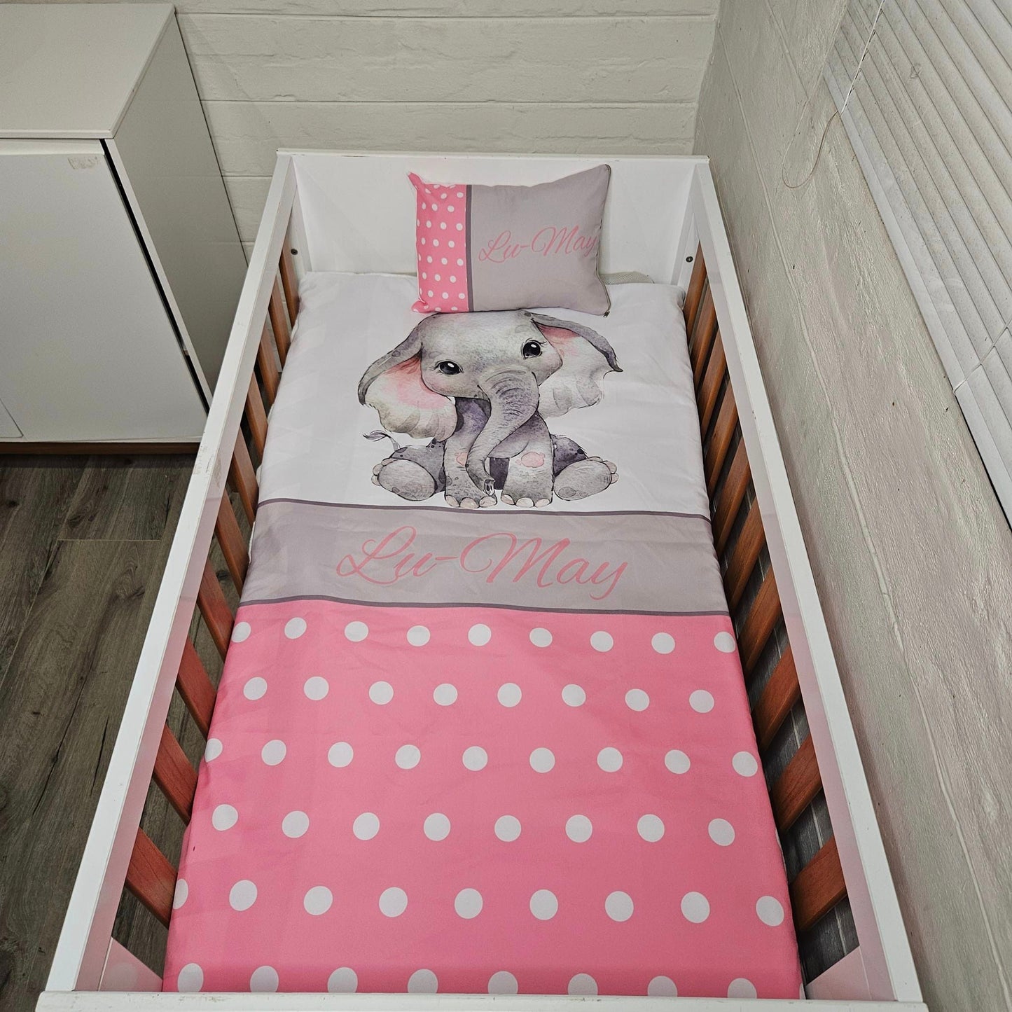 Pink Polka and Grey Ellie cot linen