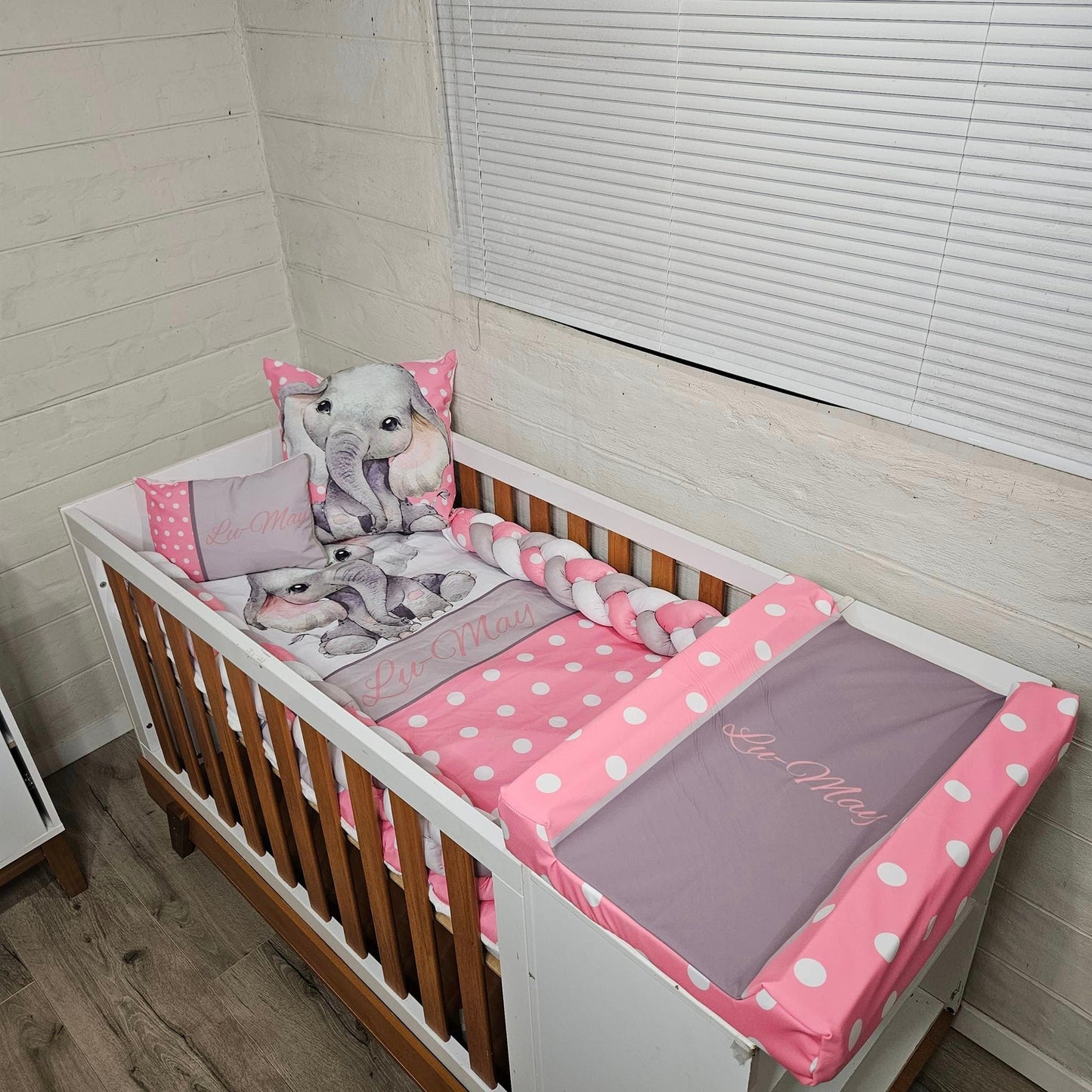 Pink Polka and Grey Ellie cot linen