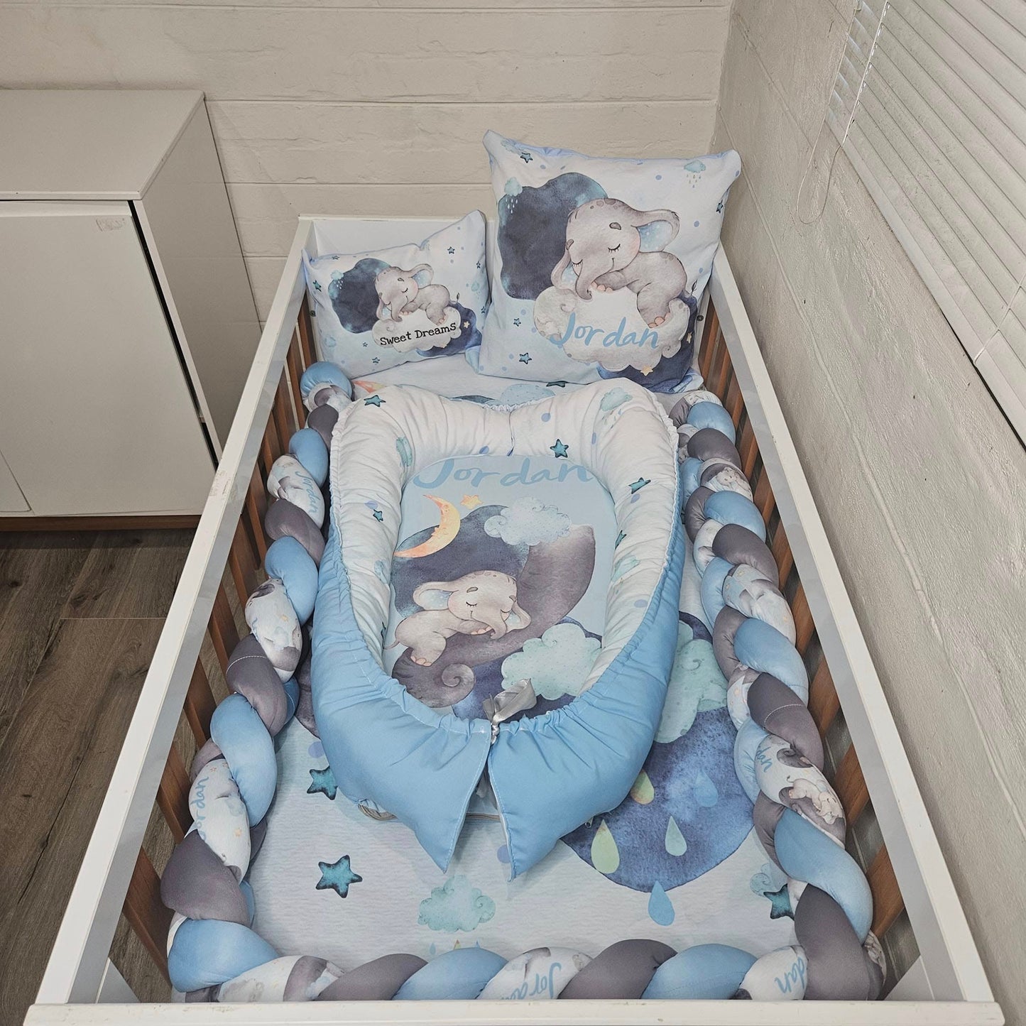 Sweet dreams Blue and Grey Ellie cot linen