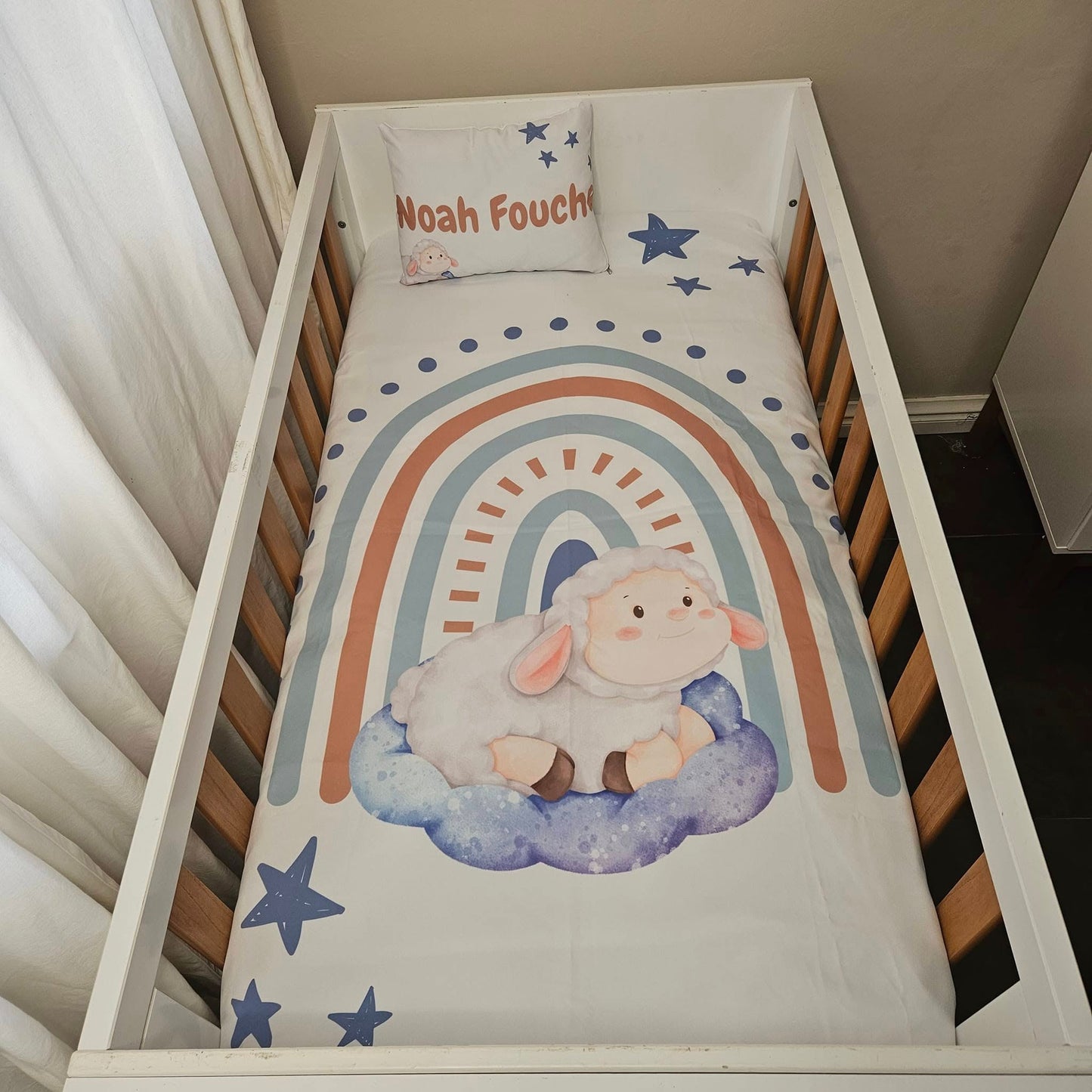 Baby Blue Boho Rainbow Sheep cot linen