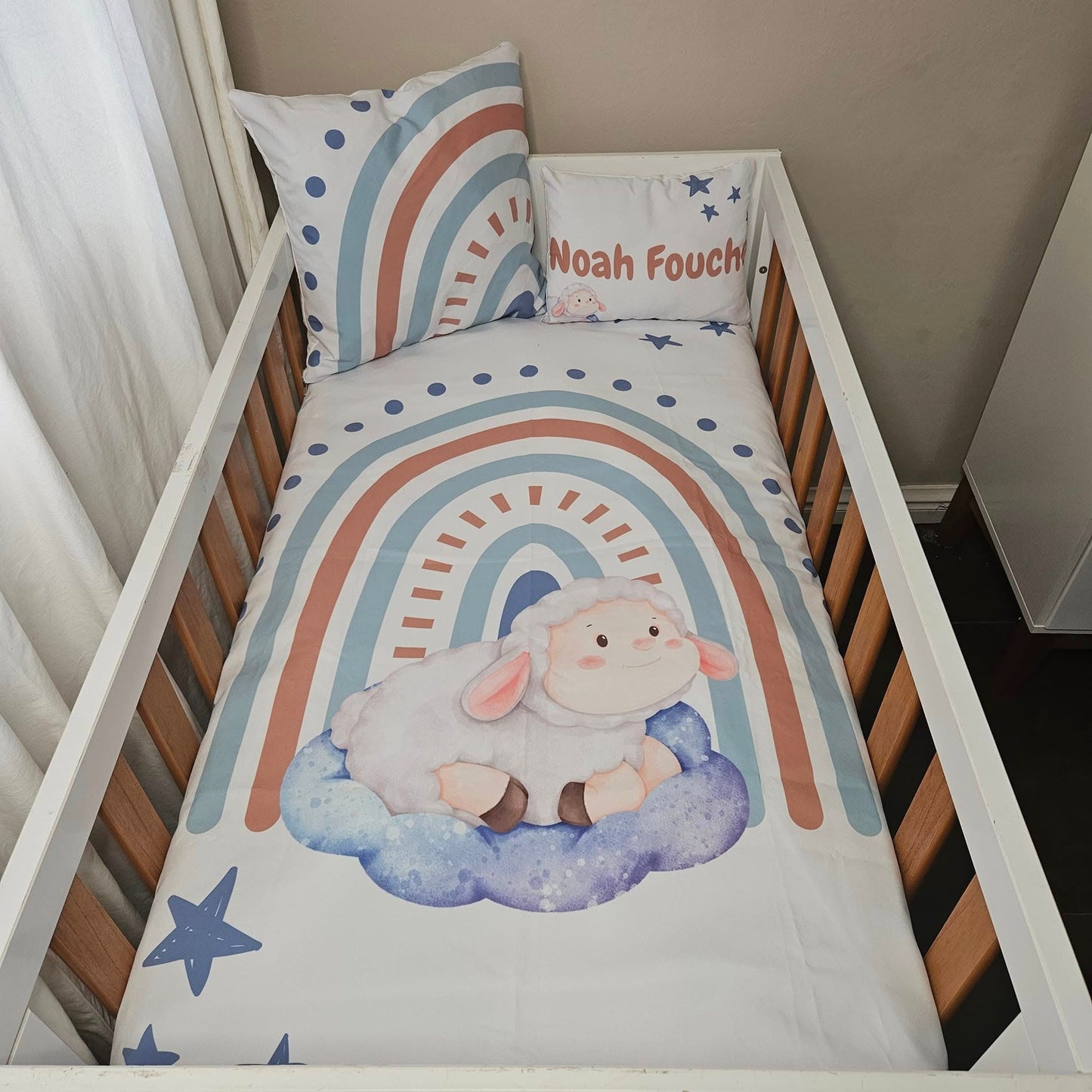 Baby Blue Boho Rainbow Sheep cot linen