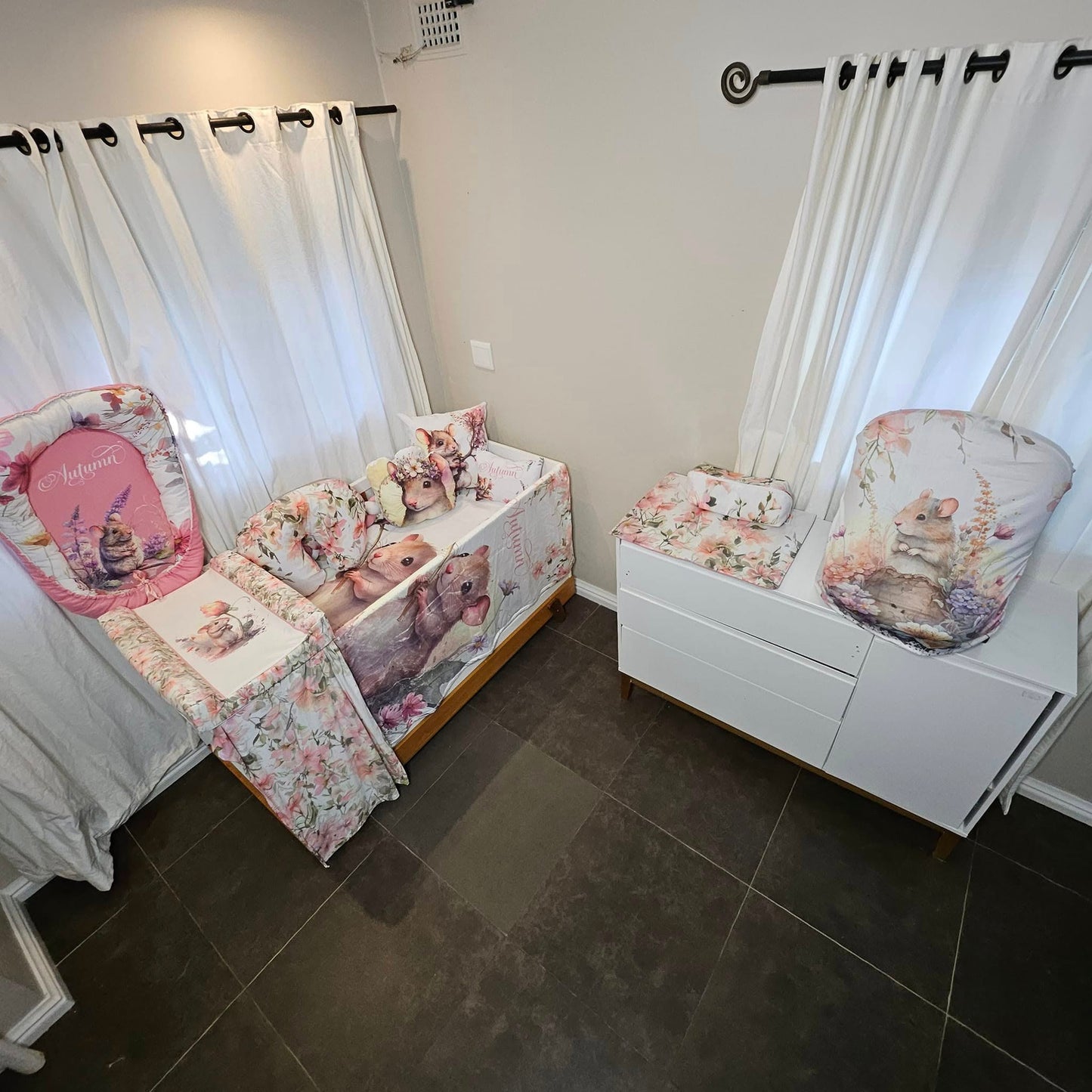 Custom Printed Field Flower Mice  cot linen