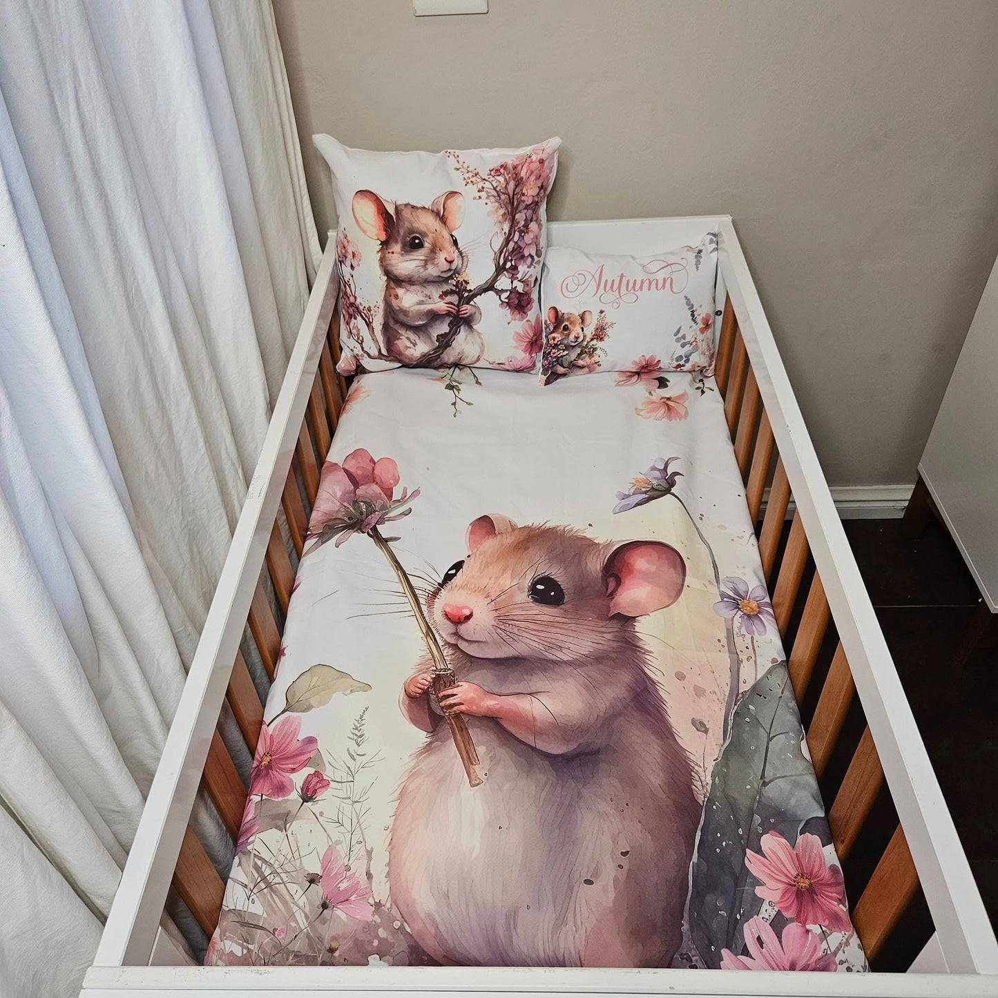 Custom Printed Field Flower Mice  cot linen