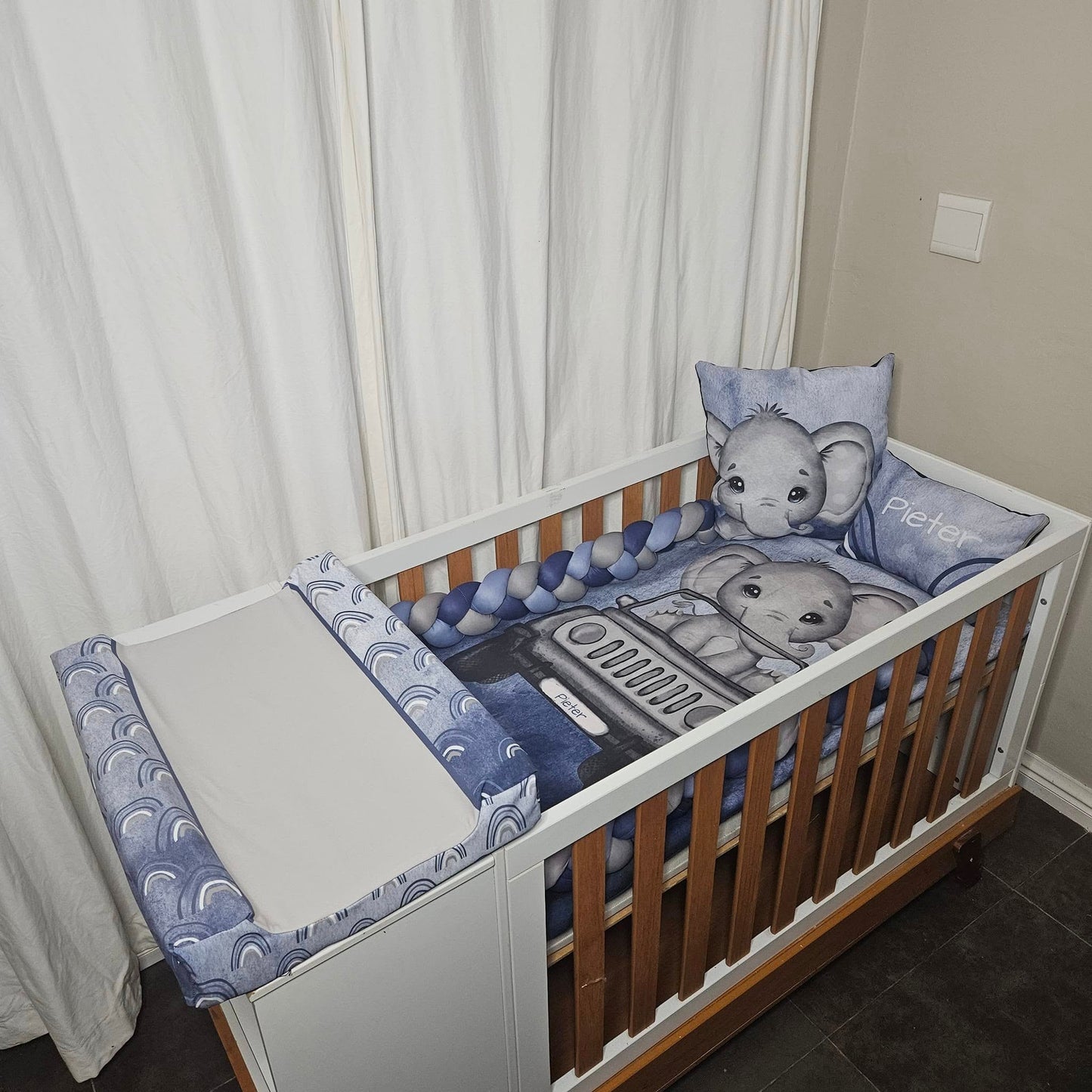 Navy and steel Blue Jeep Ellie cot linen