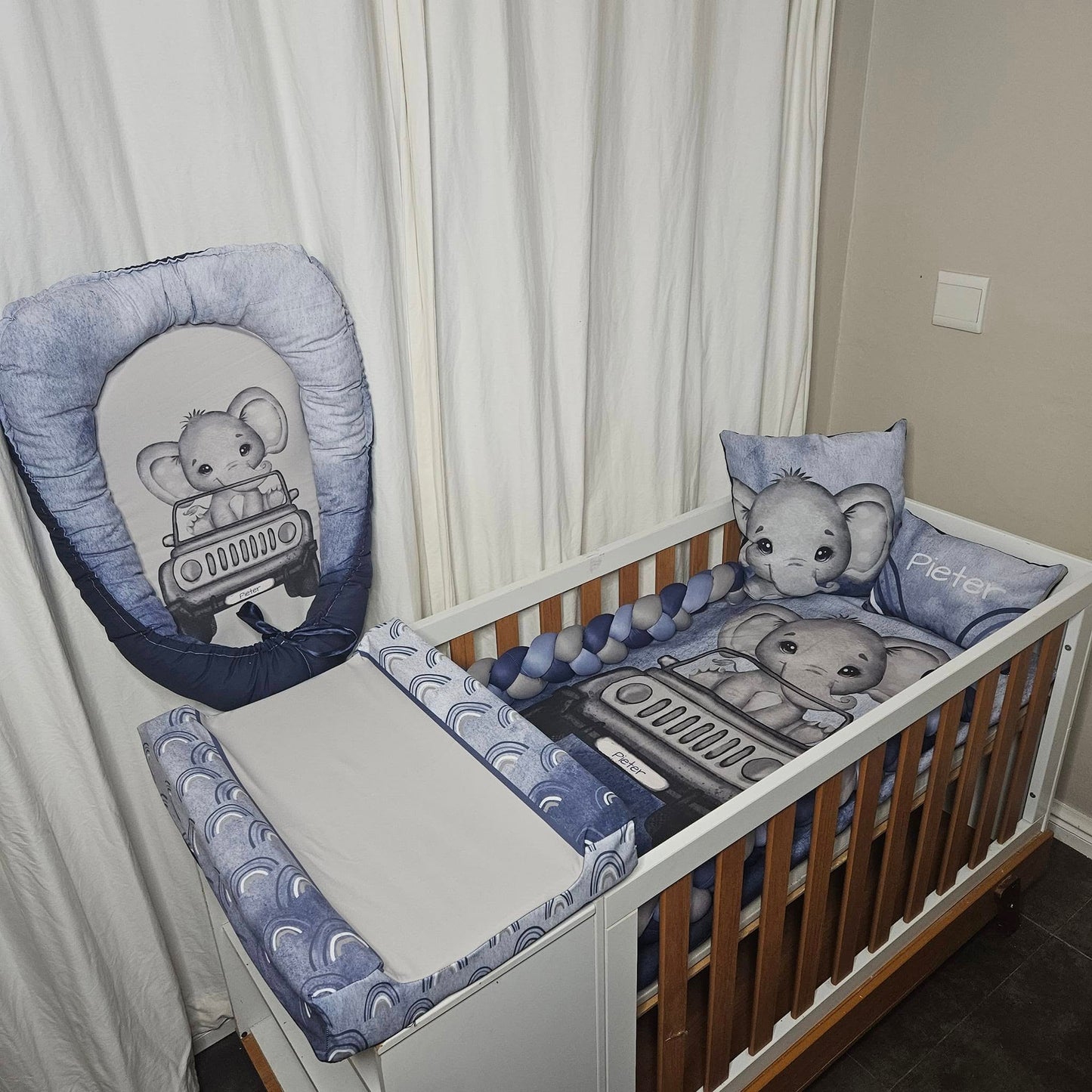 Navy and steel Blue Jeep Ellie cot linen