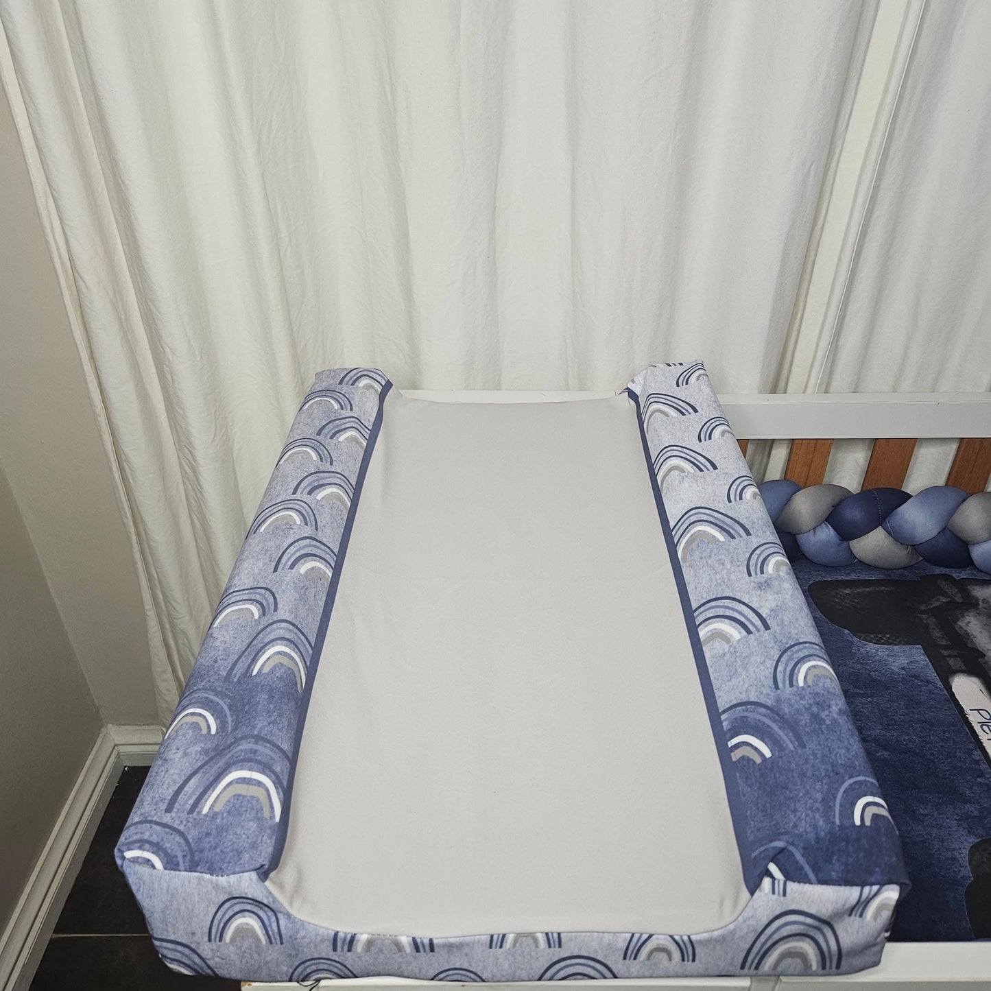 Navy and steel Blue Jeep Ellie cot linen