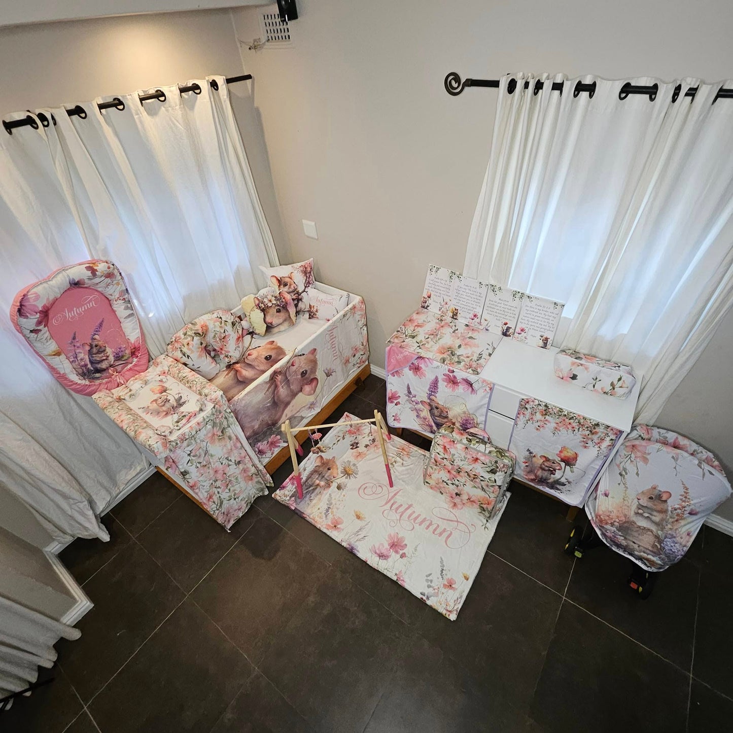 Custom Printed Field Flower Mice  cot linen