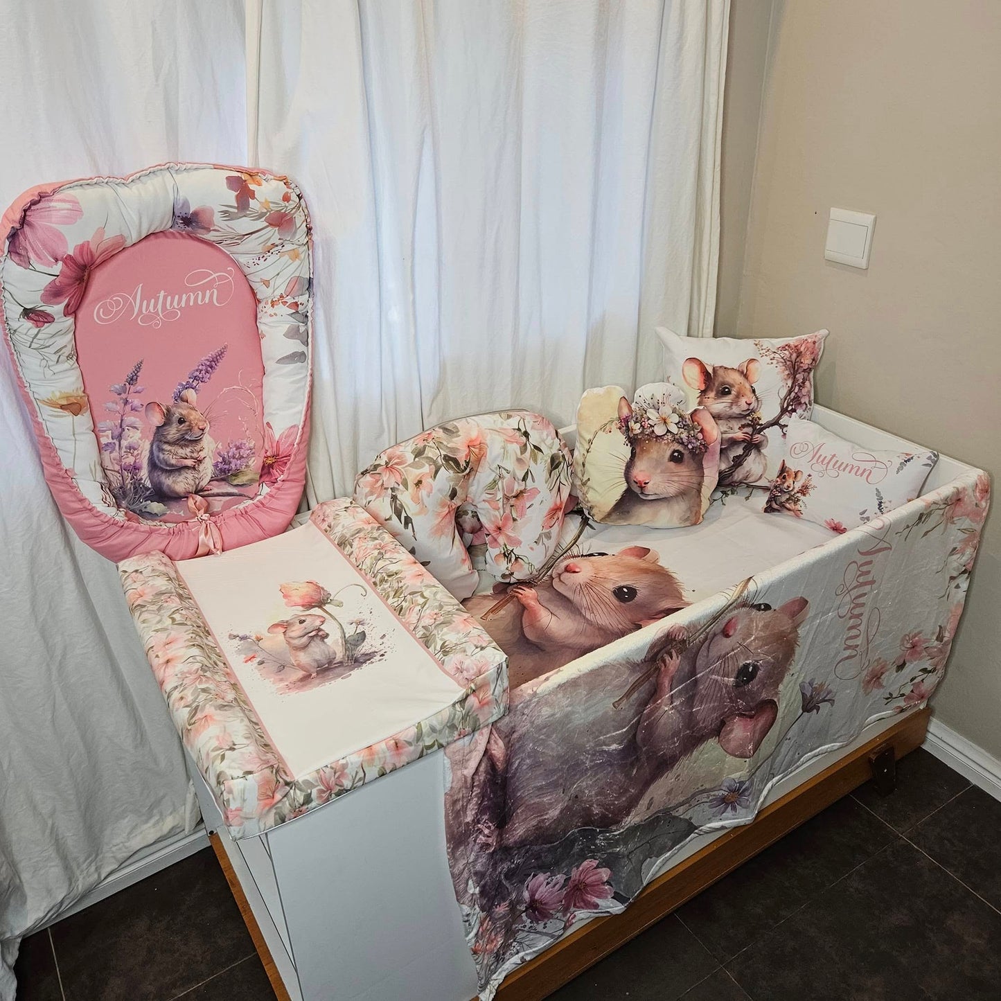 Custom Printed Field Flower Mice  cot linen