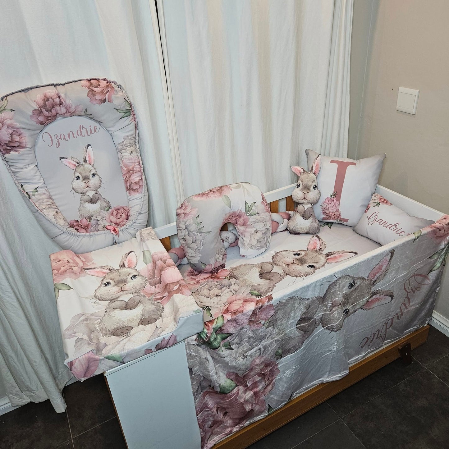 Silver Peony Bunny cot linen