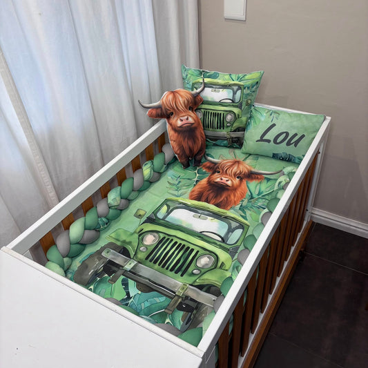 The Adventurous Highland Cow cot linen