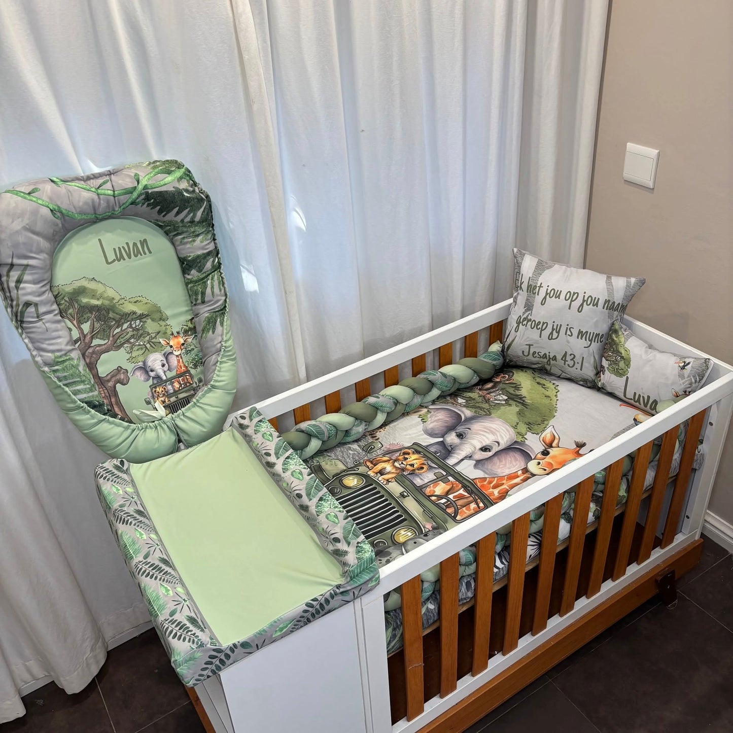 Grey Jungle Jeep Safari cot linen