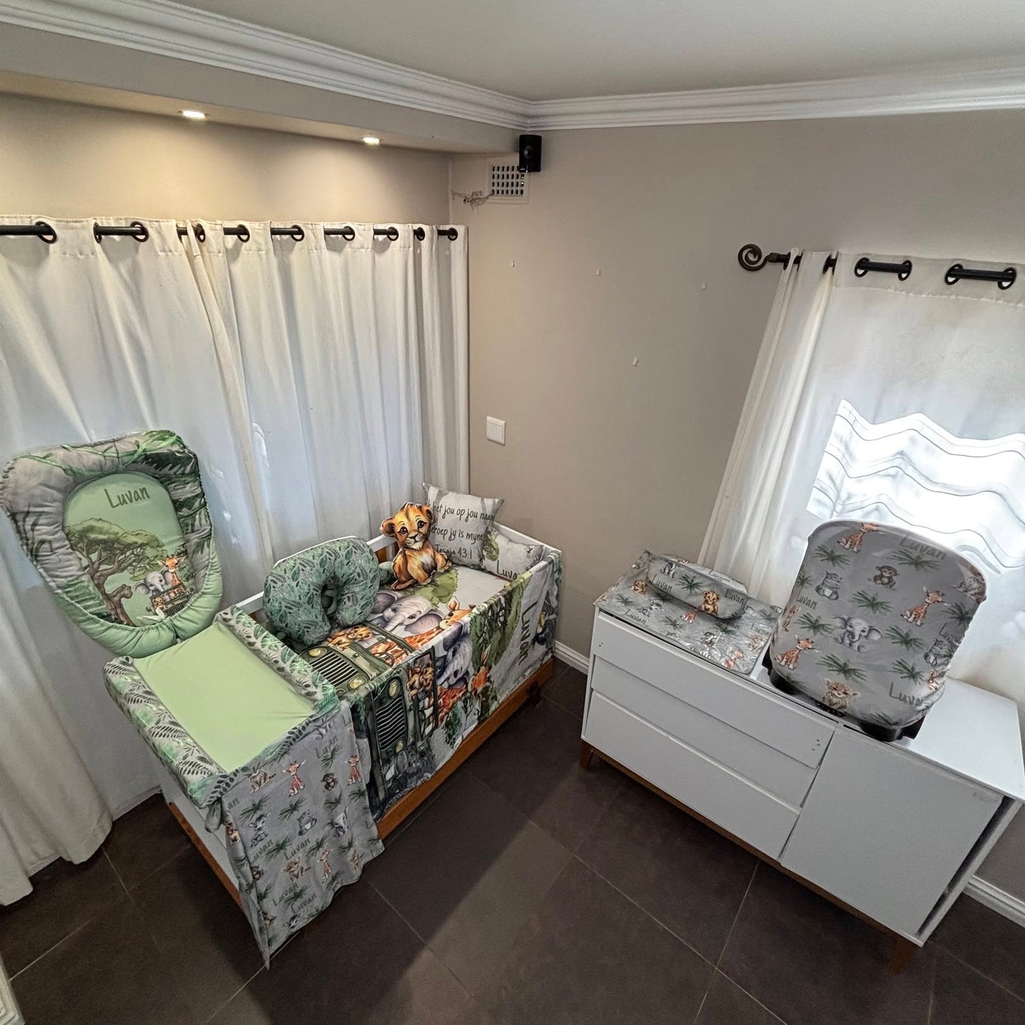 Grey Jungle Jeep Safari cot linen
