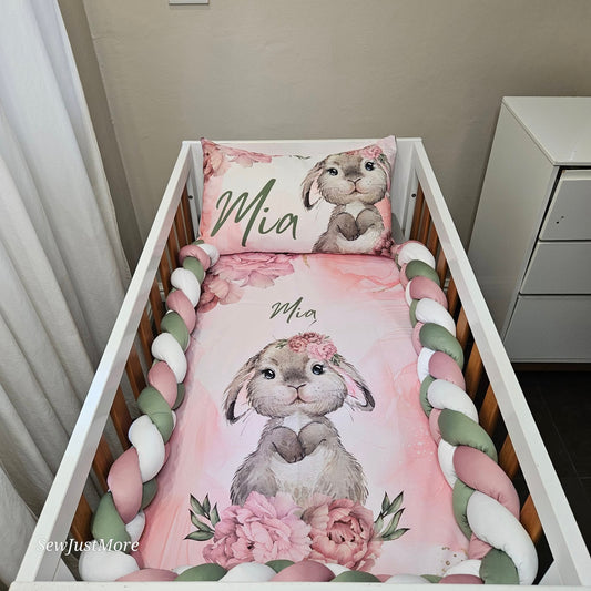 Pink and Sage Peony Bunny cot linen