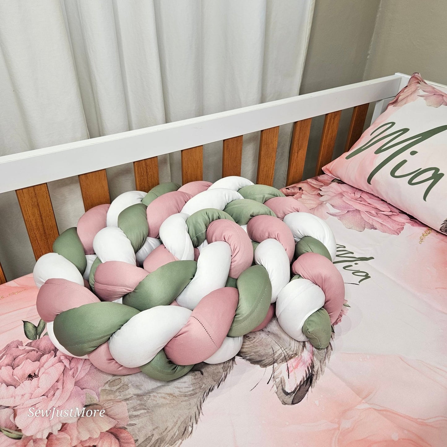 Pink and Sage Peony Bunny cot linen