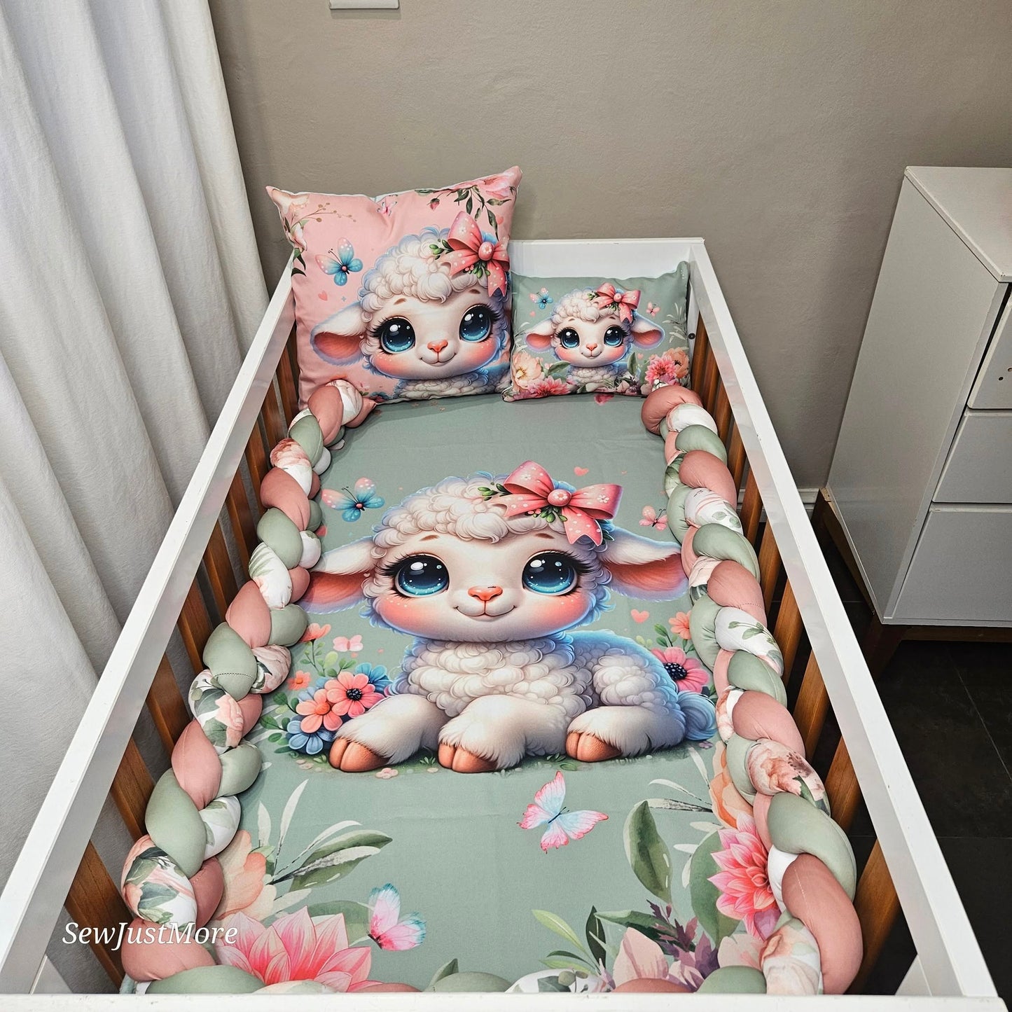 Sage Floral Lamb cot linen