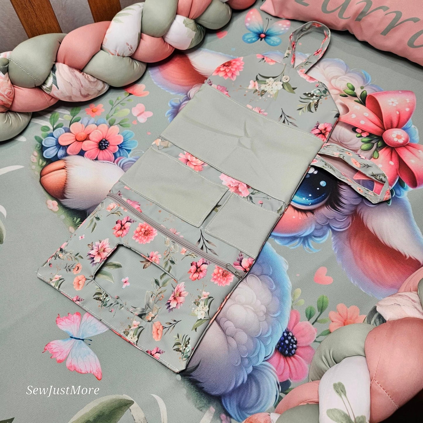 Sage Floral Lamb cot linen