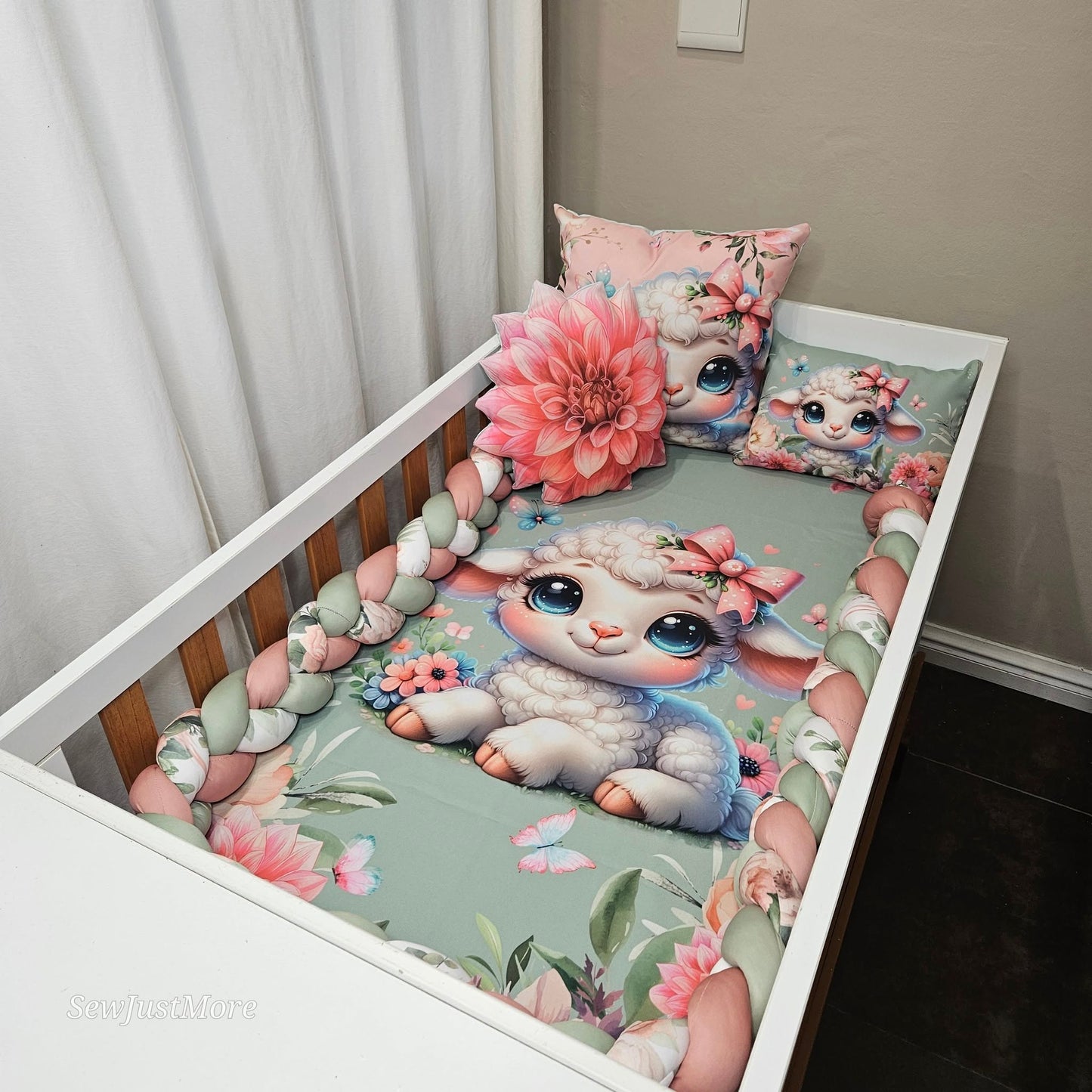 Sage Floral Lamb cot linen