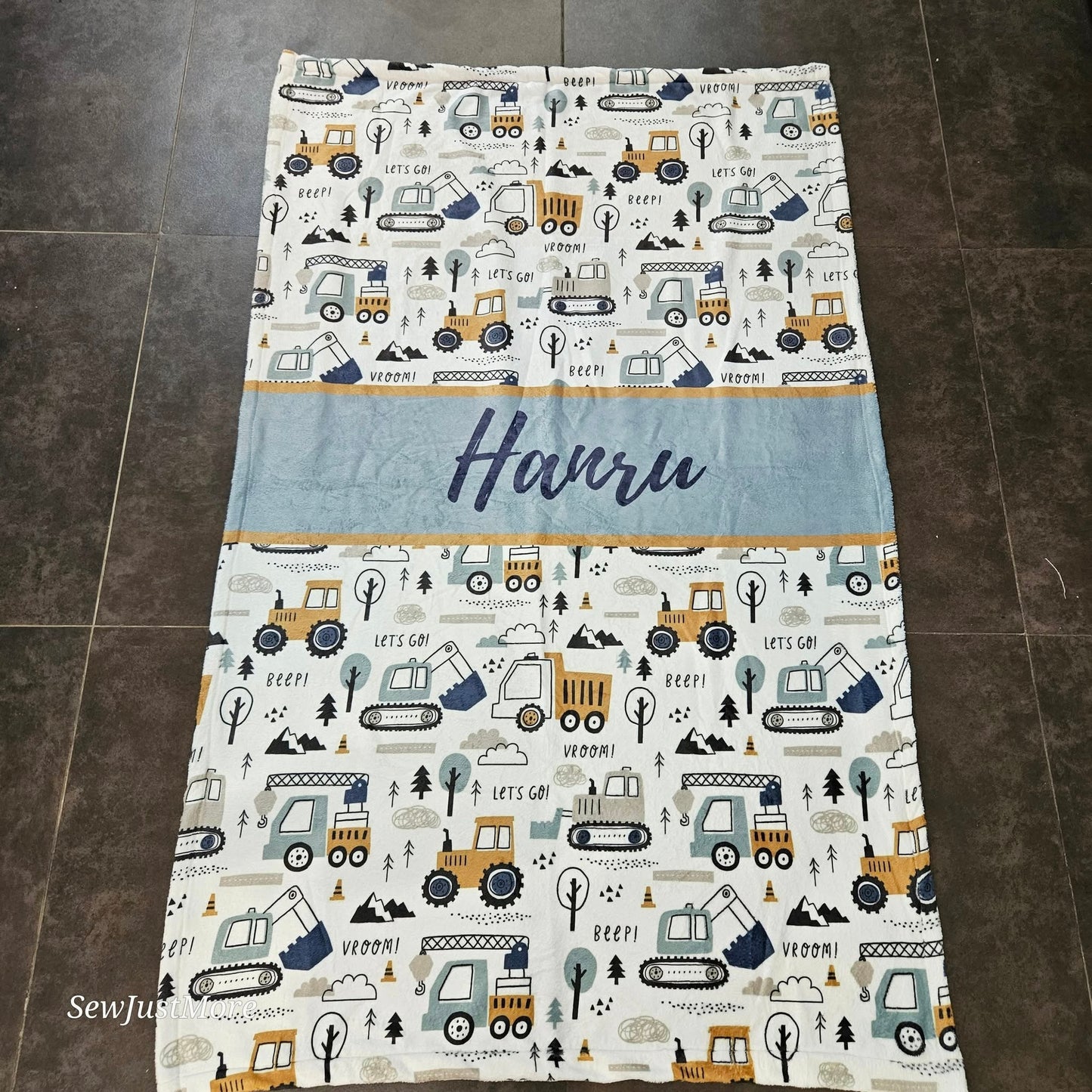 Baby Blue and Mustard Construction Fleece Blanket