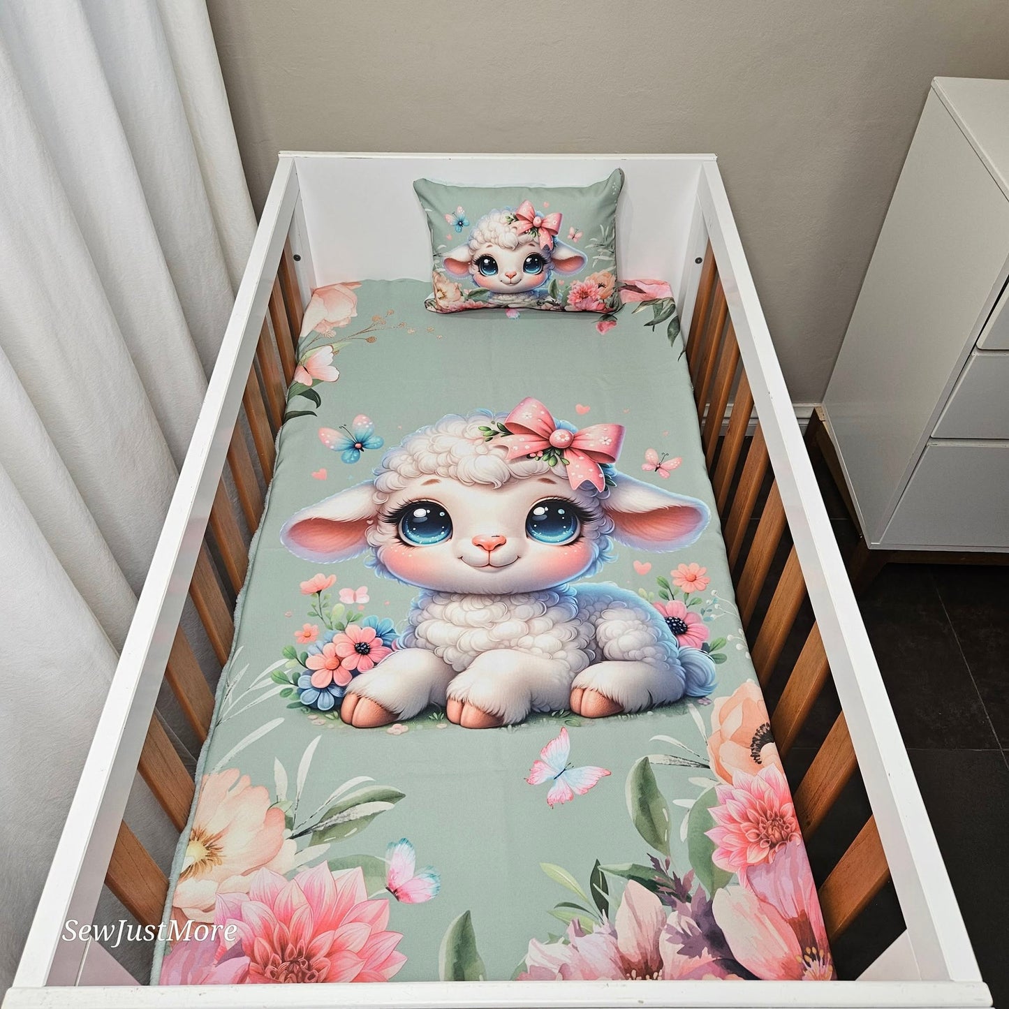 Sage Floral Lamb cot linen