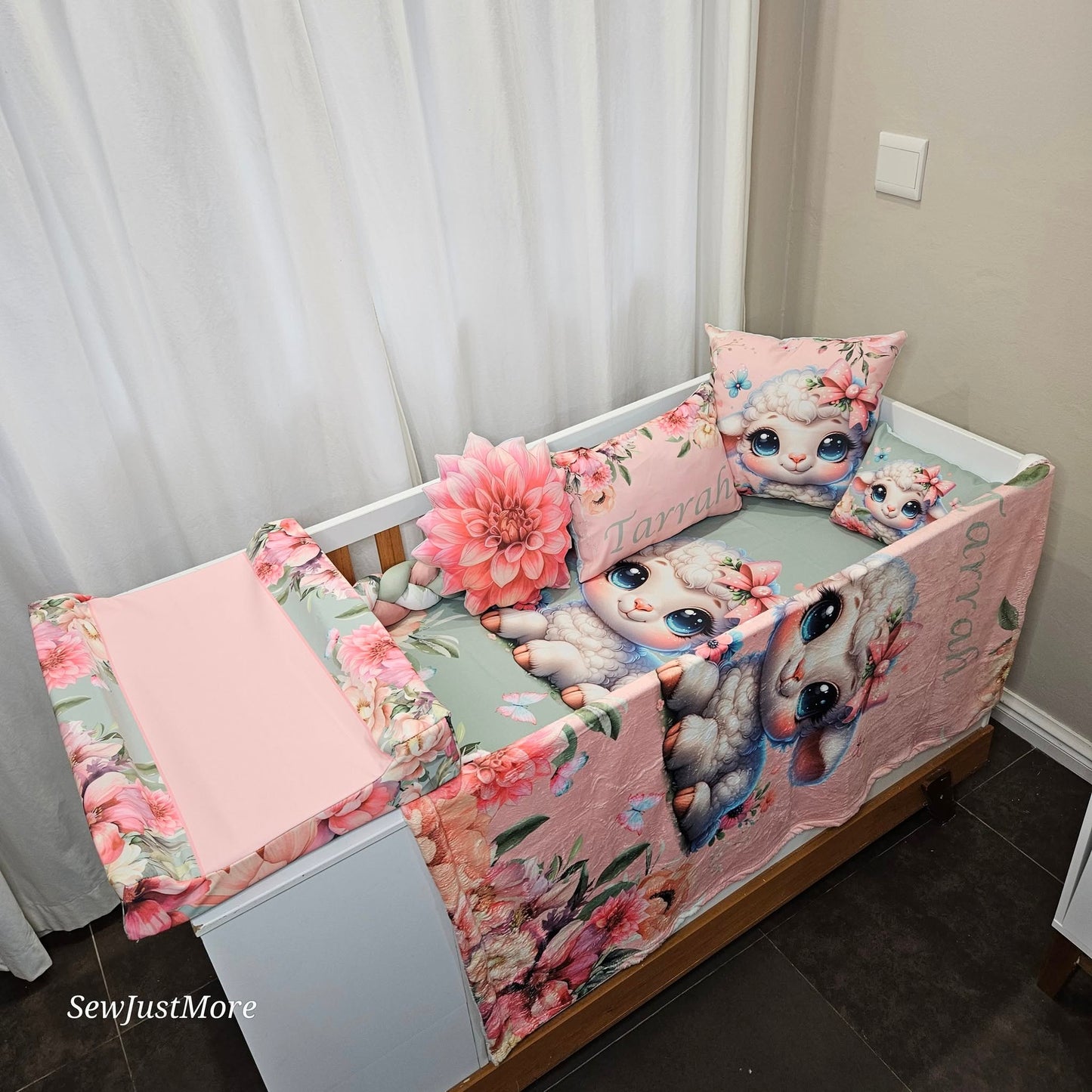 Sage Floral Lamb cot linen