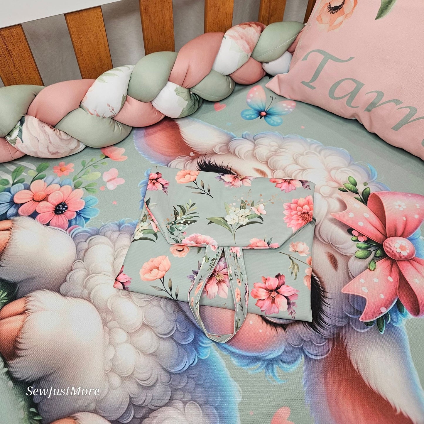 Sage Floral Lamb cot linen