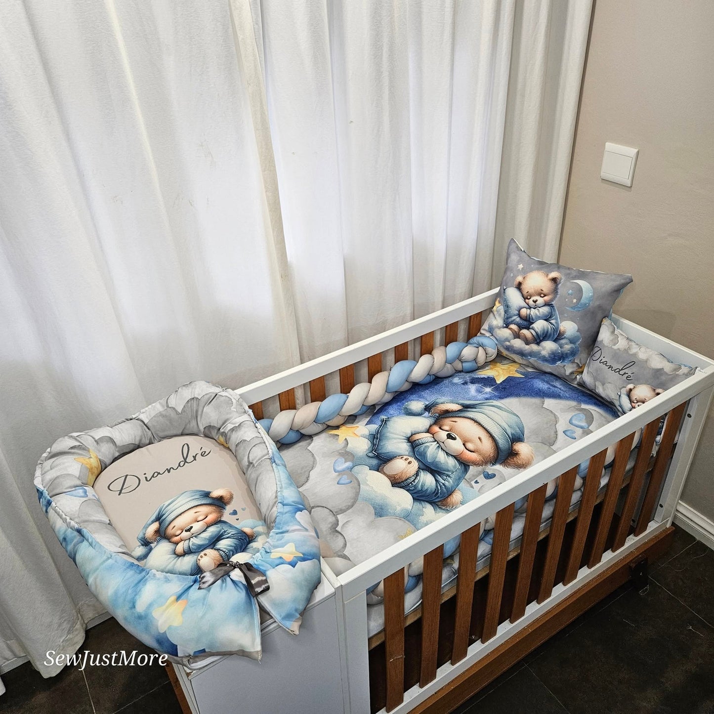 Dreamy Blue and Grey Teddy cot linen
