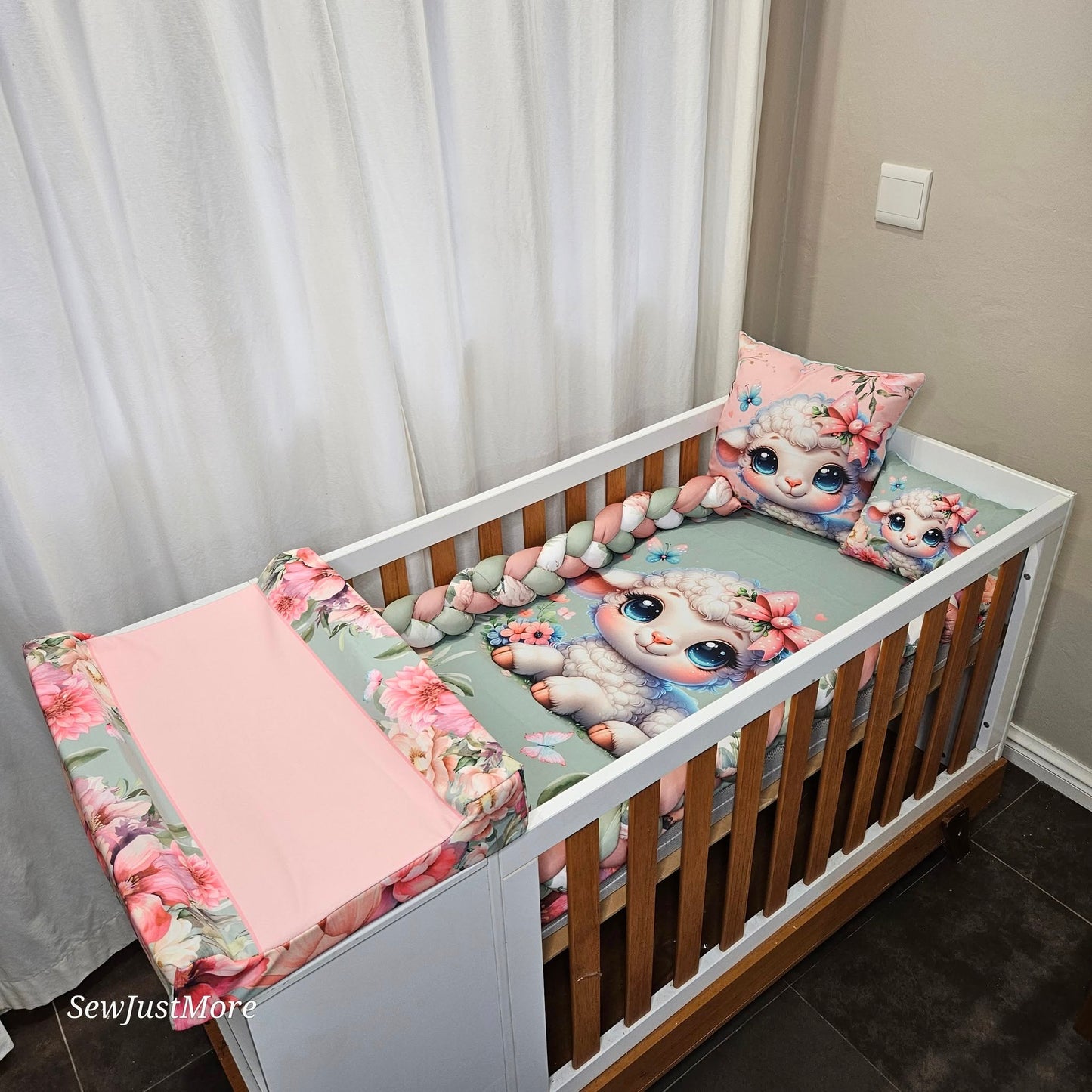 Sage Floral Lamb cot linen