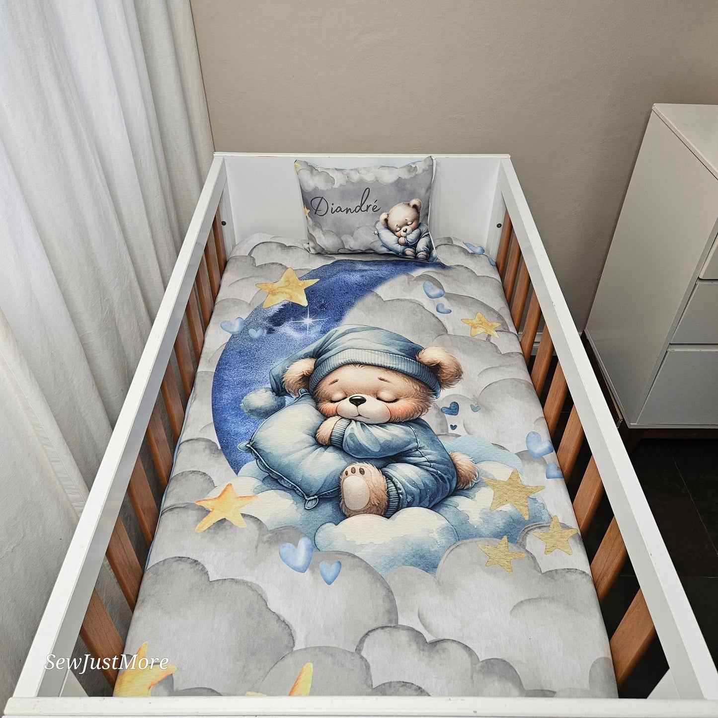 Dreamy Blue and Grey Teddy cot linen