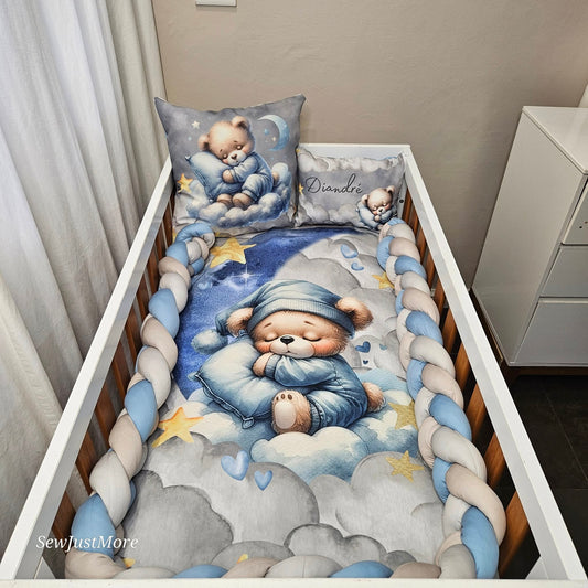 Dreamy Blue and Grey Teddy cot linen