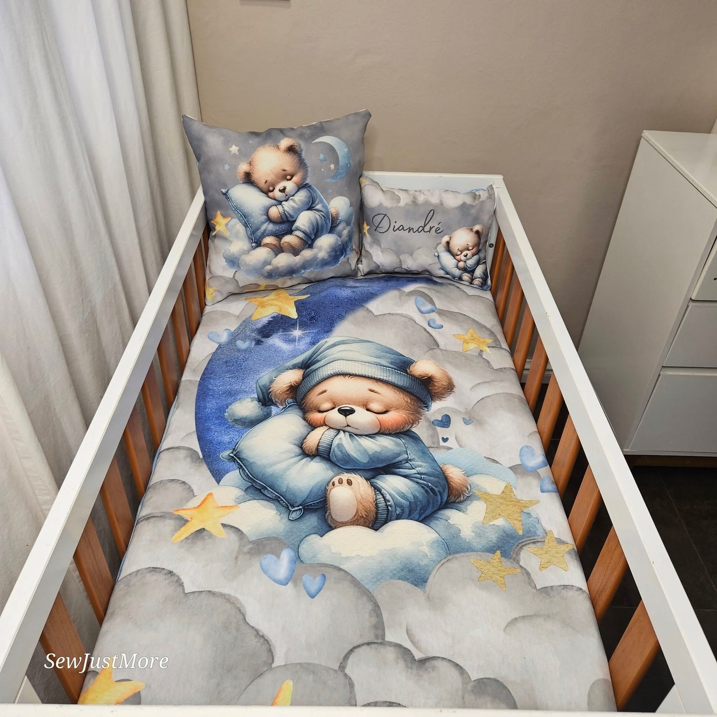 Dreamy Blue and Grey Teddy cot linen