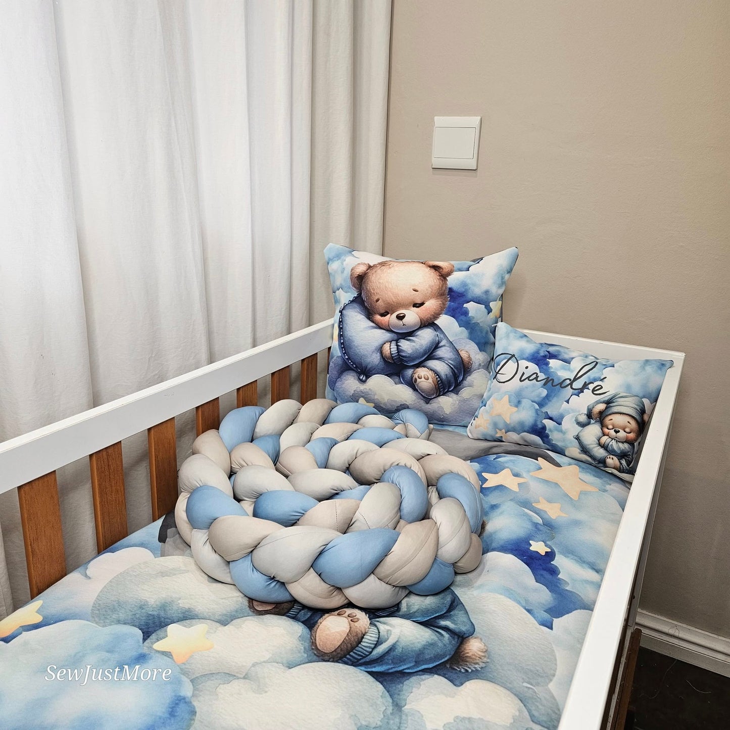Dreamy Blue and Grey Teddy V2 cot linen
