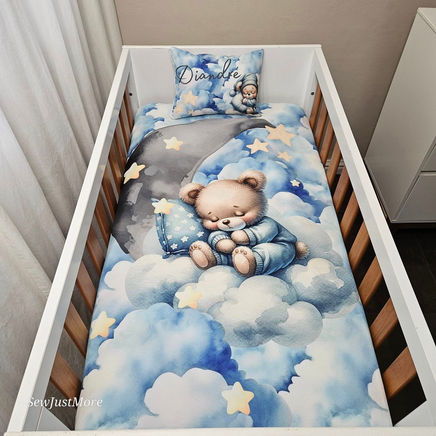 Dreamy Blue and Grey Teddy V2 cot linen