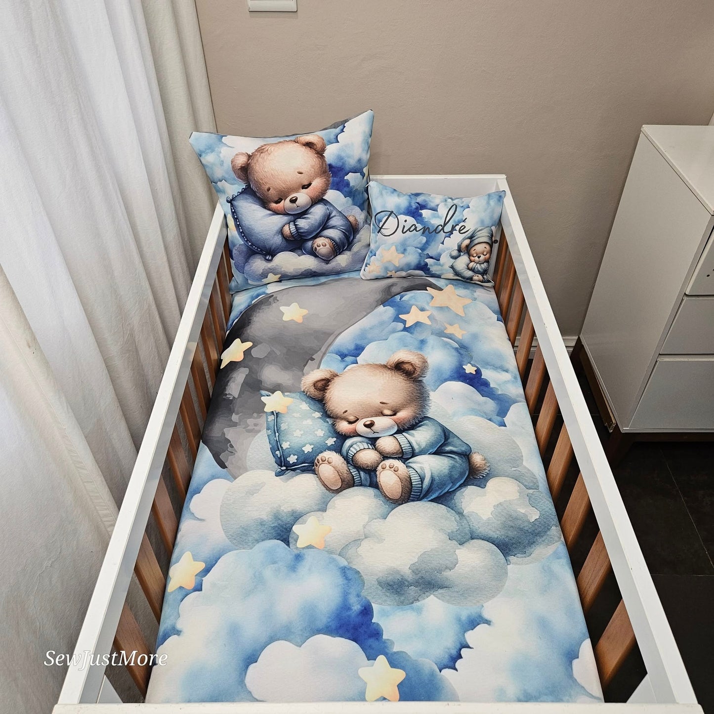Dreamy Blue and Grey Teddy V2 cot linen