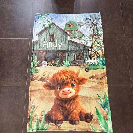 Andy The  Farmer Highland Cow Fleece Blanket