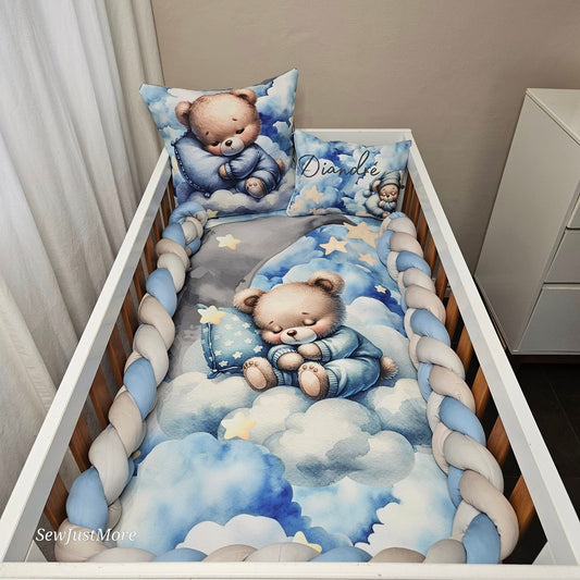 Dreamy Blue and Grey Teddy V2 cot linen