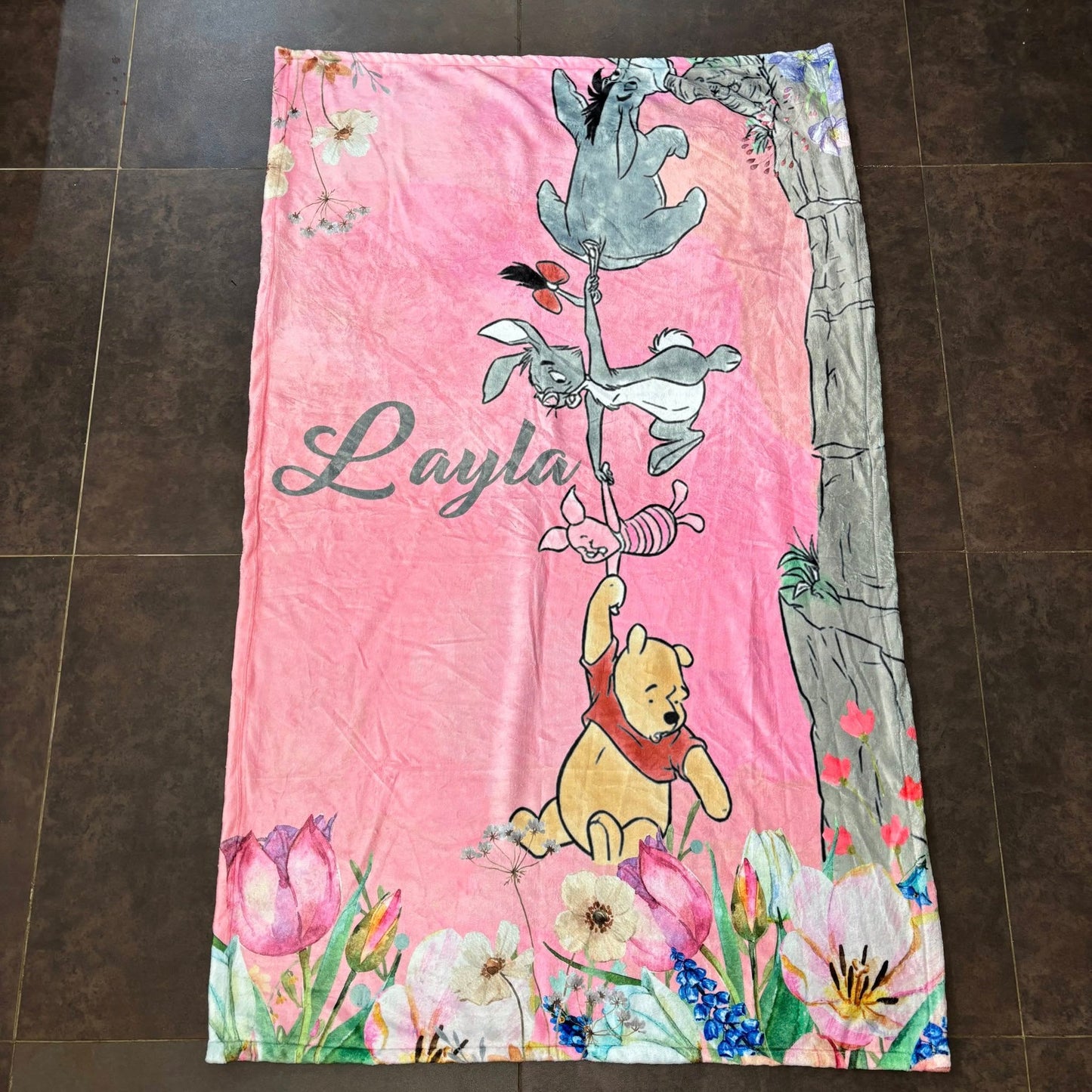 Pink Floral Classic Pooh Fleece Blanket