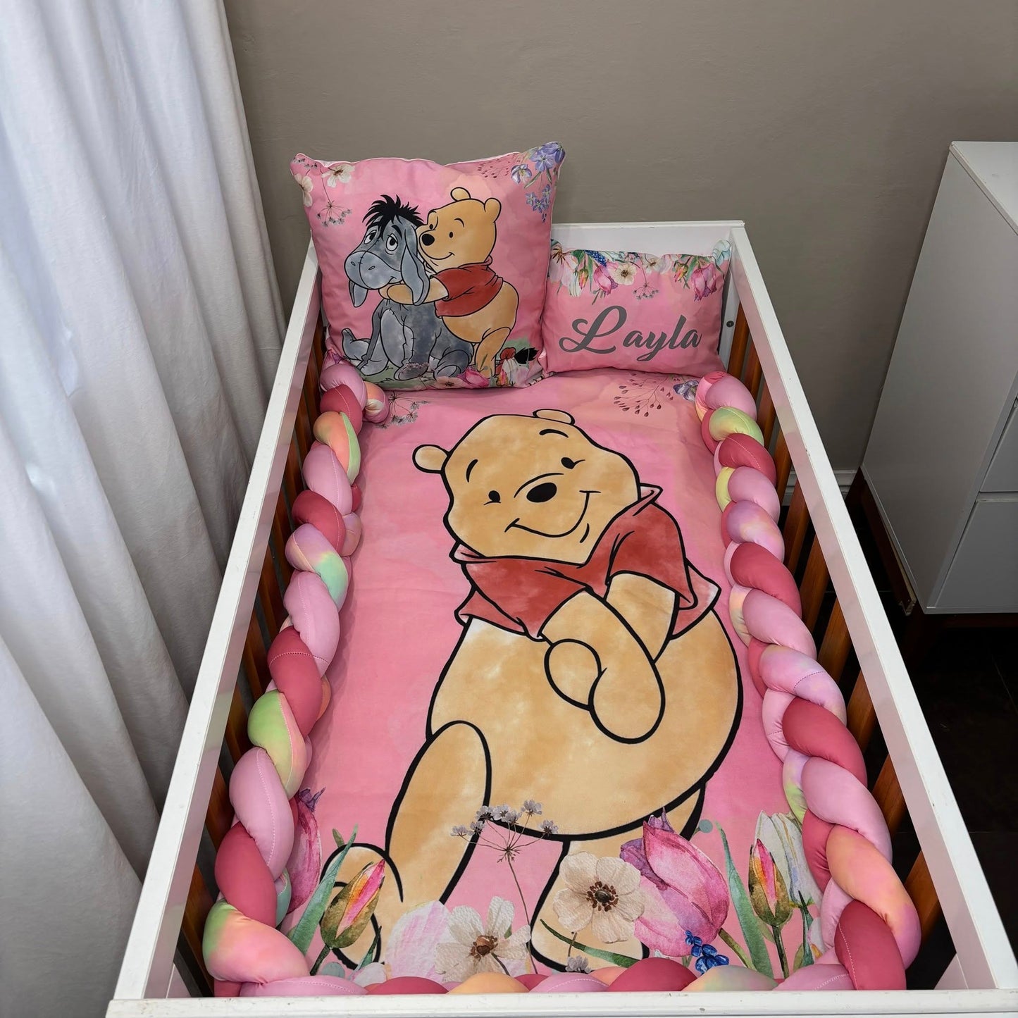 Pink Floral Classic Pooh cot linen