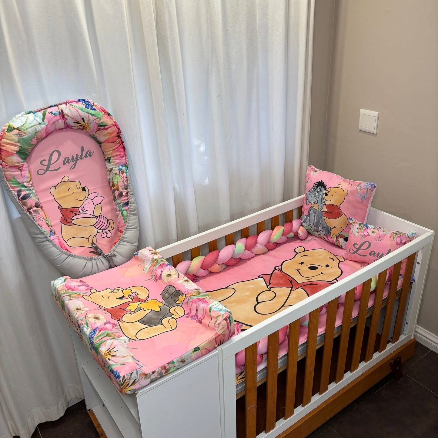 Pink Floral Classic Pooh cot linen