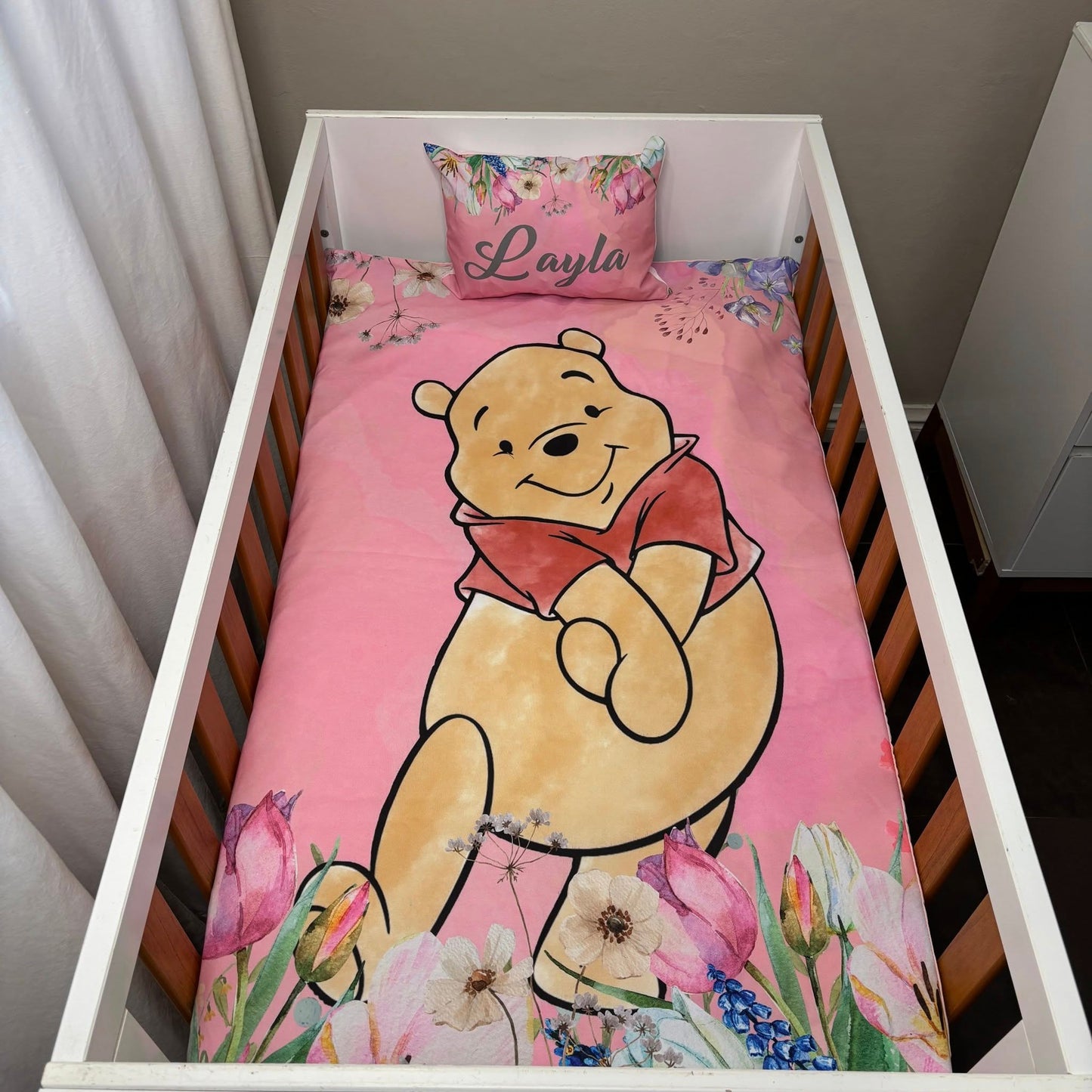 Pink Floral Classic Pooh cot linen