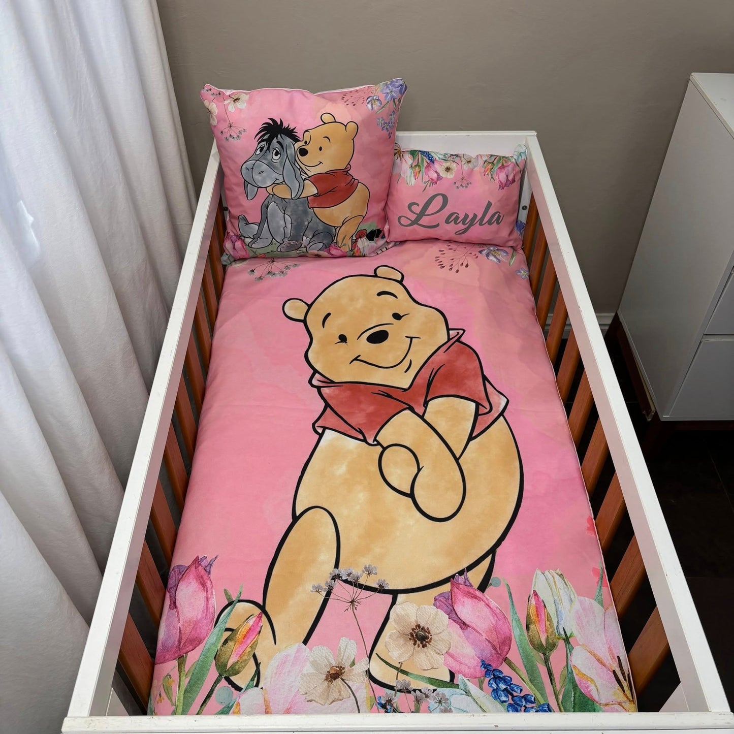 Pink Floral Classic Pooh cot linen