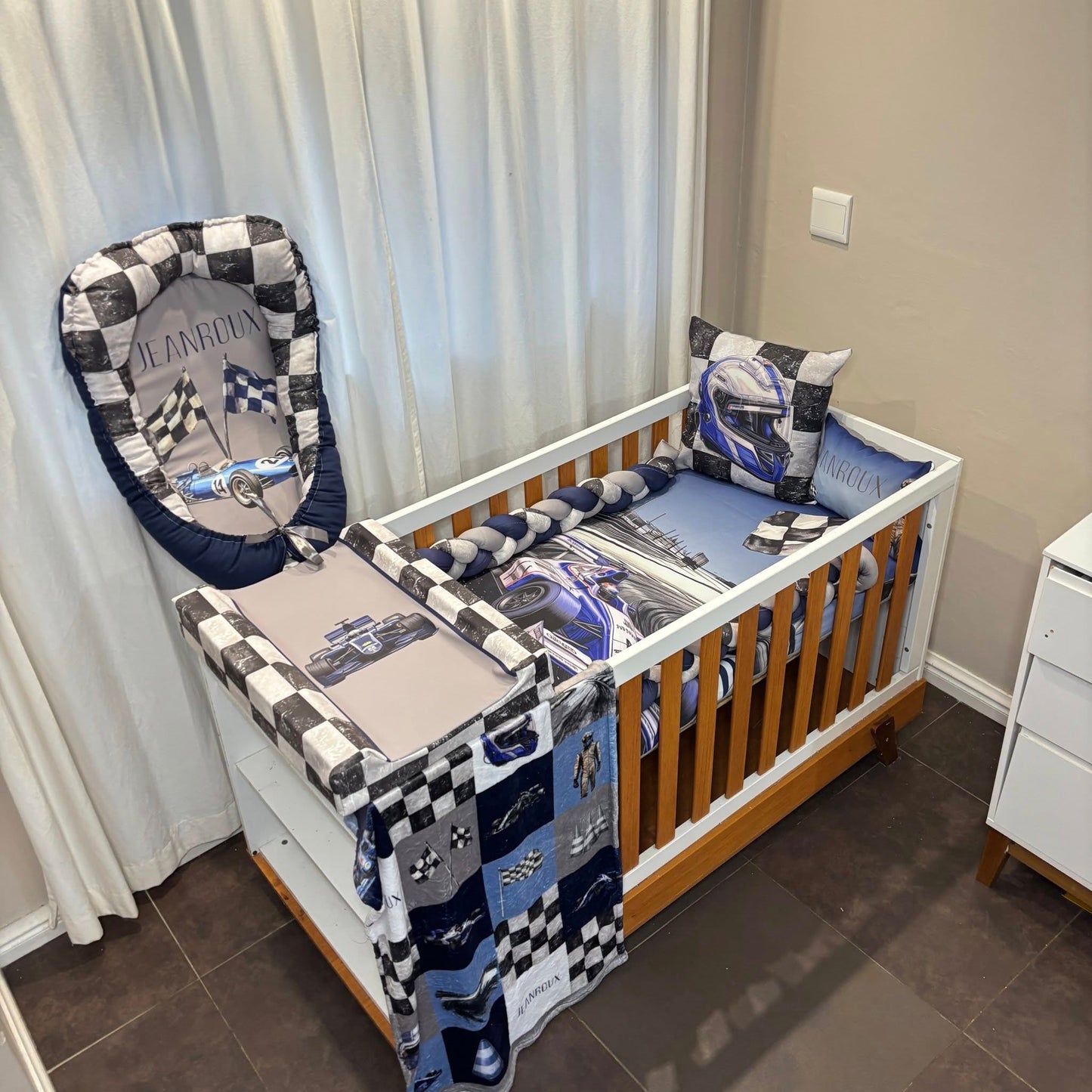 Navy and Blue Formula 1 cot linen