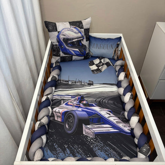 Navy and Blue Formula 1 cot linen