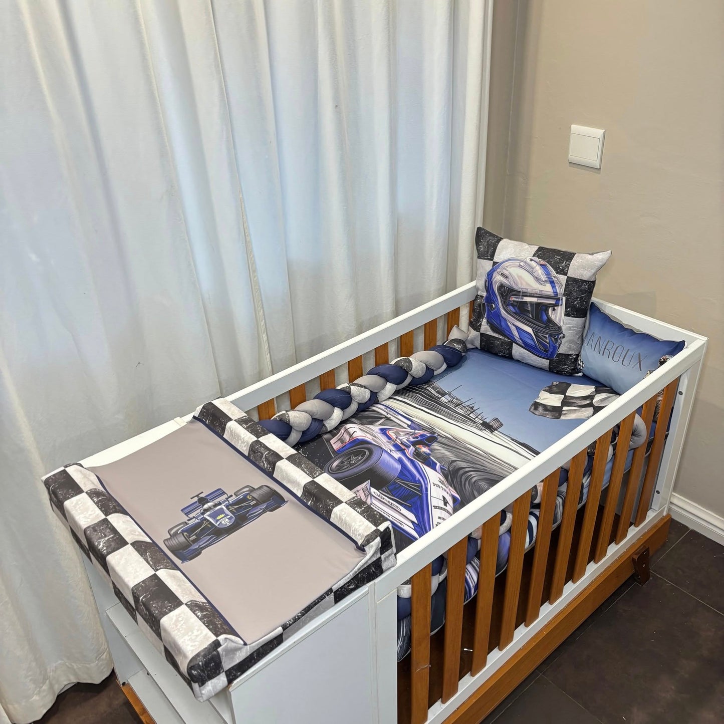 Navy and Blue Formula 1 cot linen